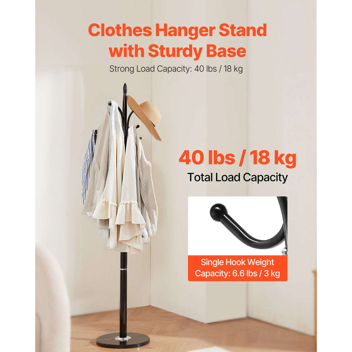 Coat Rack Freestanding, Coats Tree Stand with Stable Marble Base & 6 Hooks, Free Standing Hall Coat Rack for Entryway, Bedroom, Office, Living Room, Modern Clothes Hanger for Coats, Hats, Bags