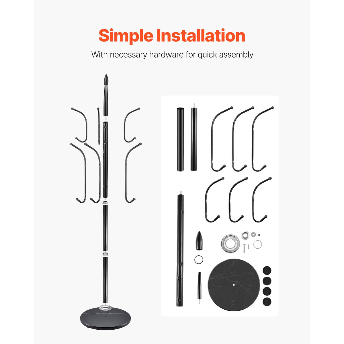 Coat Rack Freestanding, Coats Tree Stand with Stable Marble Base & 6 Hooks, Free Standing Hall Coat Rack for Entryway, Bedroom, Office, Living Room, Modern Clothes Hanger for Coats, Hats, Bags