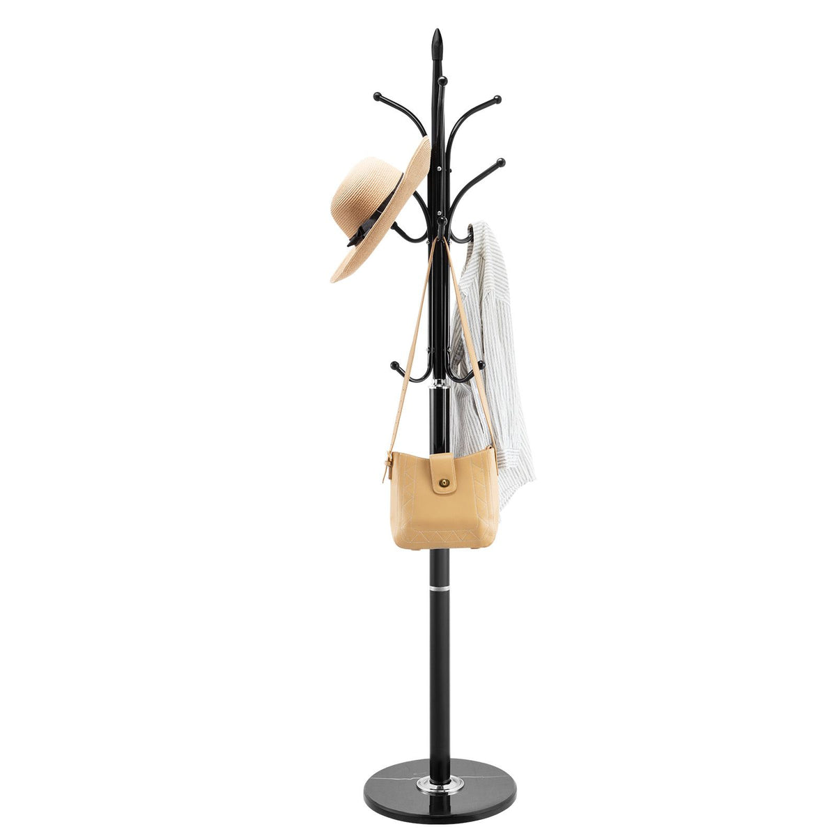 Coat Rack Freestanding, Coats Tree Stand with Stable Marble Base & 6 Hooks, Free Standing Hall Coat Rack for Entryway, Bedroom, Office, Living Room, Modern Clothes Hanger for Coats, Hats, Bags