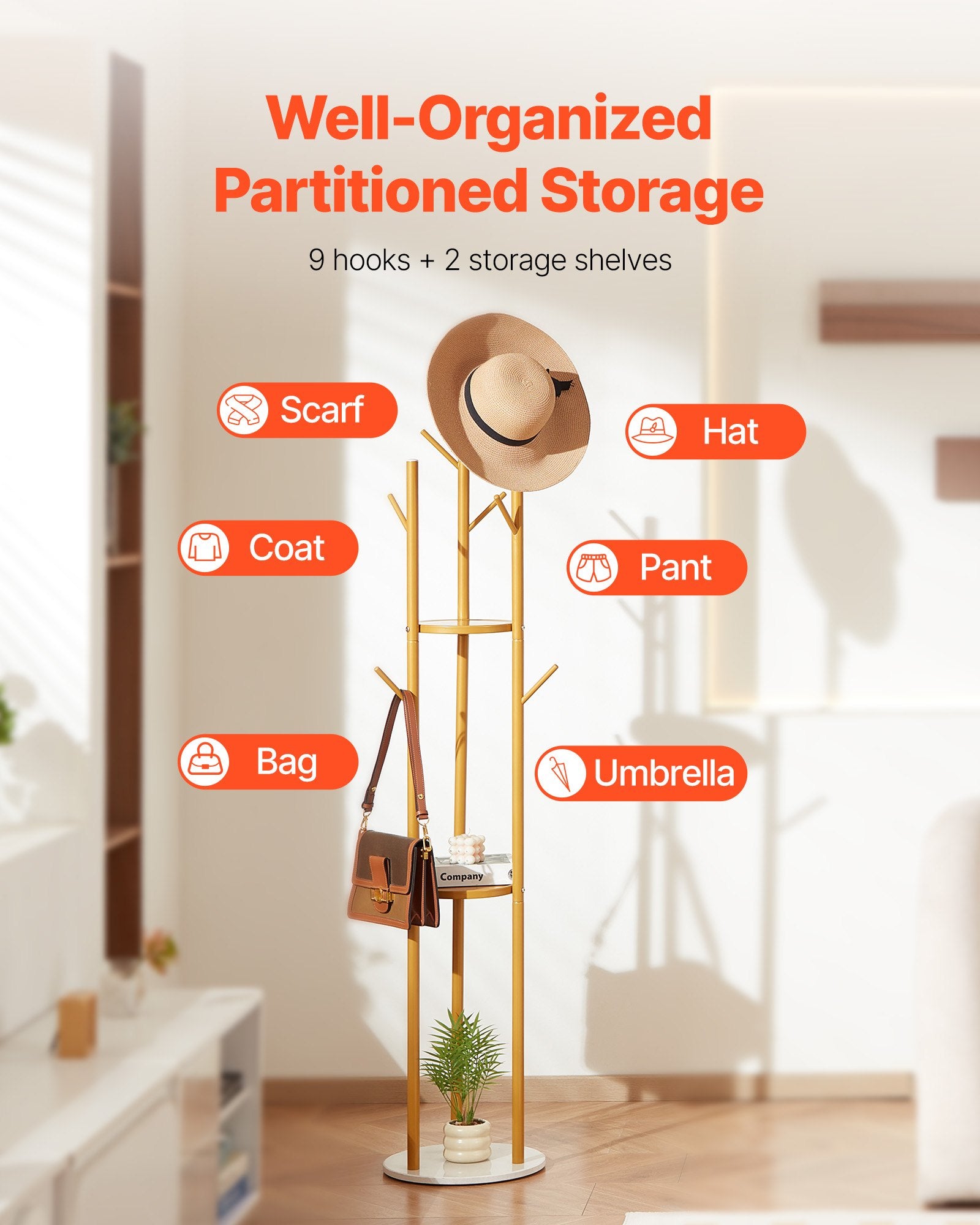 Clothing & Wardrobe Storage: VEVOR Coat Rack, Freestanding Coat Rack Stand with Quartz Stone Base & 9 Hooks, Free Standing Hall Coat Tree for Entryway, Bedroom, Office, Living Room, Modern Clothes Hanger for Coat, Hat, Scarf, Bag