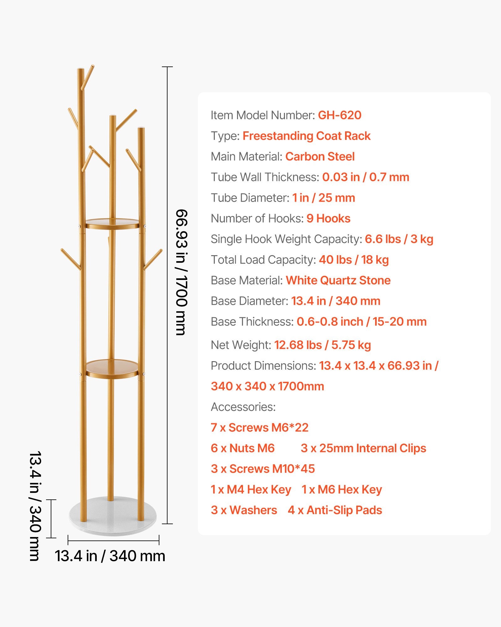 Clothing & Wardrobe Storage: VEVOR Coat Rack, Freestanding Coat Rack Stand with Quartz Stone Base & 9 Hooks, Free Standing Hall Coat Tree for Entryway, Bedroom, Office, Living Room, Modern Clothes Hanger for Coat, Hat, Scarf, Bag