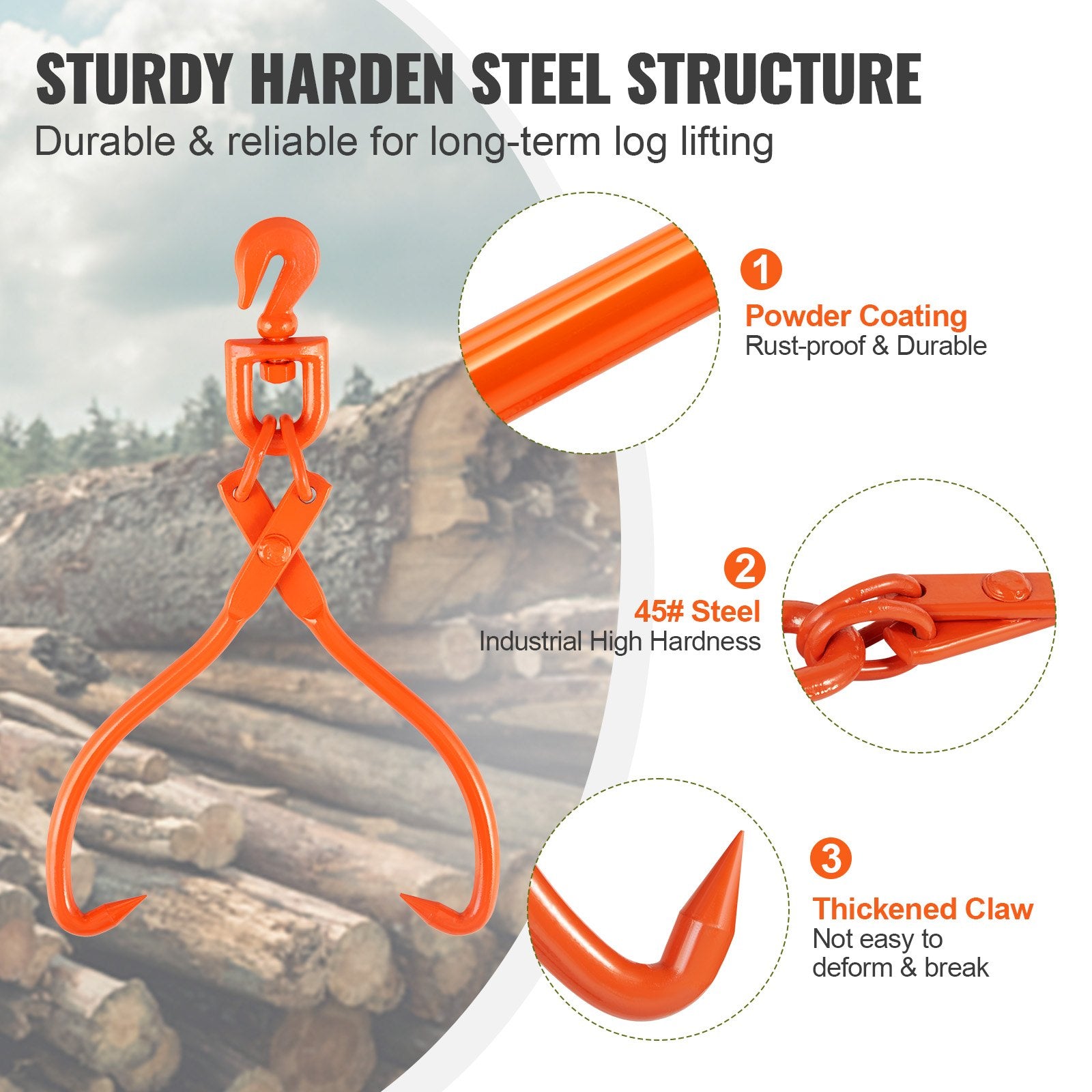 Log Skidding Tongs, 45.7cm 2 Claw Log Lifting Tongs, Heavy Duty Rotating Steel Lumber Skidding Tongs, 350 kg Loading Capacity, Log Lifting, Handling, Dragging & Carrying Tool