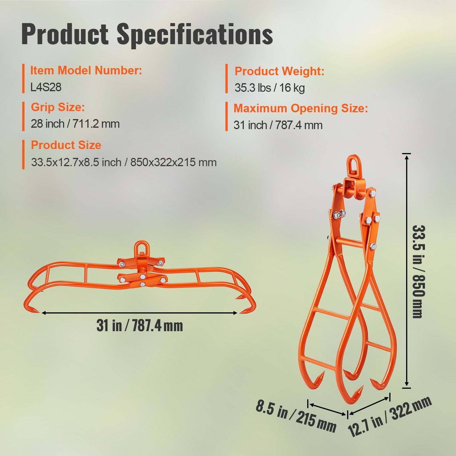 Building Materials: VEVOR Timber Claw Hook, 28 inch 4 Claw Log Grapple for Logging Tongs, Swivel Steel Log Lifting Tongs, Eagle Claws Design with 2205 lbs/1000 kg Loading Capacity for Tractors, ATVs, Trucks, Forklifts