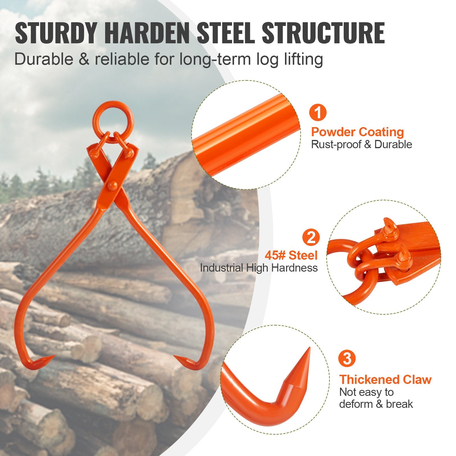 Log Skidding Tongs, 81.3cm 2 Claw Log Lifting Tongs, Heavy Duty Steel Lumber Skidding Tongs, 700 kg Loading Capacity, Log Lifting, Handling, Dragging & Carrying Tool