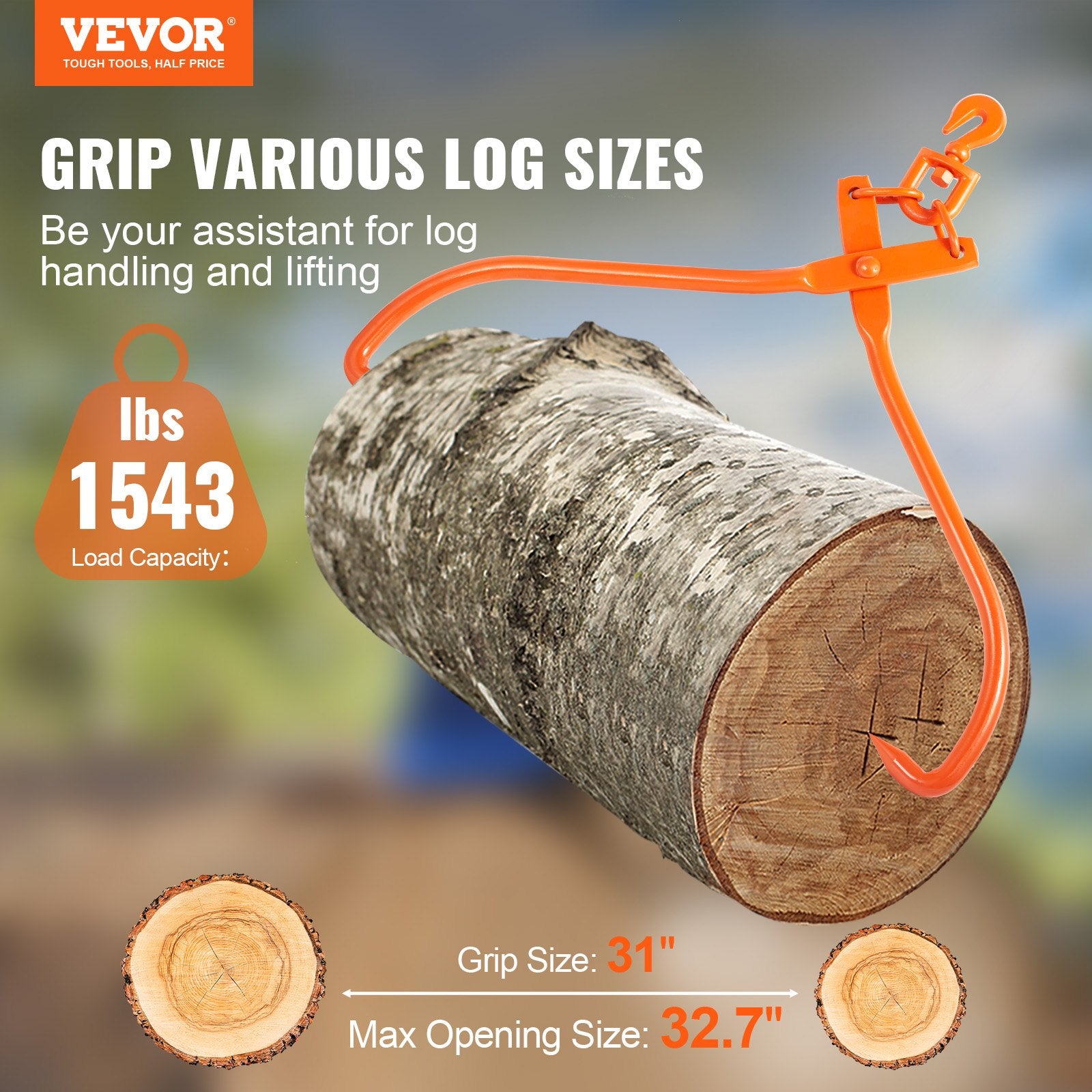 Log Skidding Tongs, 81.3cm 2 Claw Log Lifting Tongs, Heavy Duty Rotating Steel Lumber Skidding Tongs, 700 kg Loading Capacity, Log Lifting, Handling, Dragging & Carrying Tool