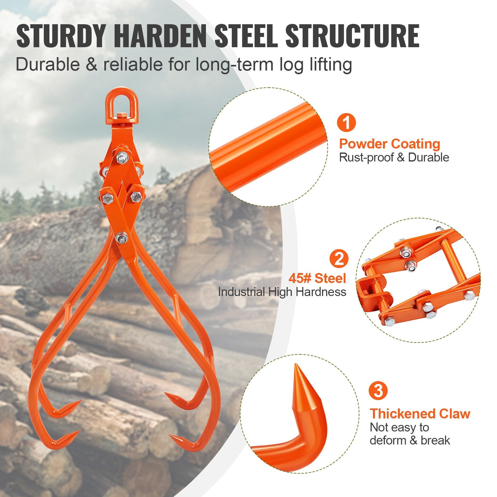 Building Materials: VEVOR Timber Claw Hook, 36 inch 4 Claw Log Grapple for Logging Tongs, Swivel Steel Log Lifting Tongs, Eagle Claws Design with 3307 lbs/1500 kg Loading Capacity for Tractors, ATVs, Trucks, Forklifts