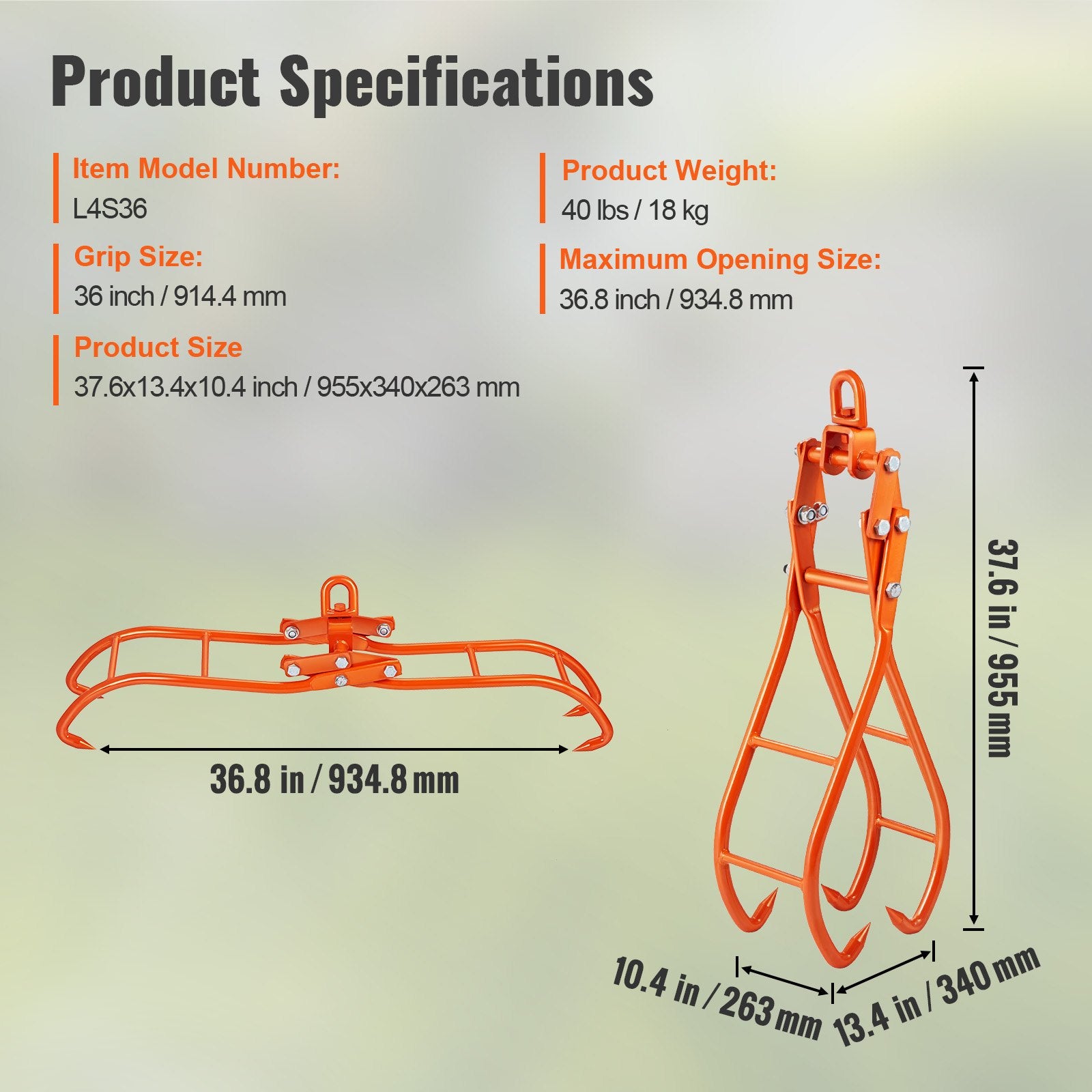 Building Materials: VEVOR Timber Claw Hook, 36 inch 4 Claw Log Grapple for Logging Tongs, Swivel Steel Log Lifting Tongs, Eagle Claws Design with 3307 lbs/1500 kg Loading Capacity for Tractors, ATVs, Trucks, Forklifts