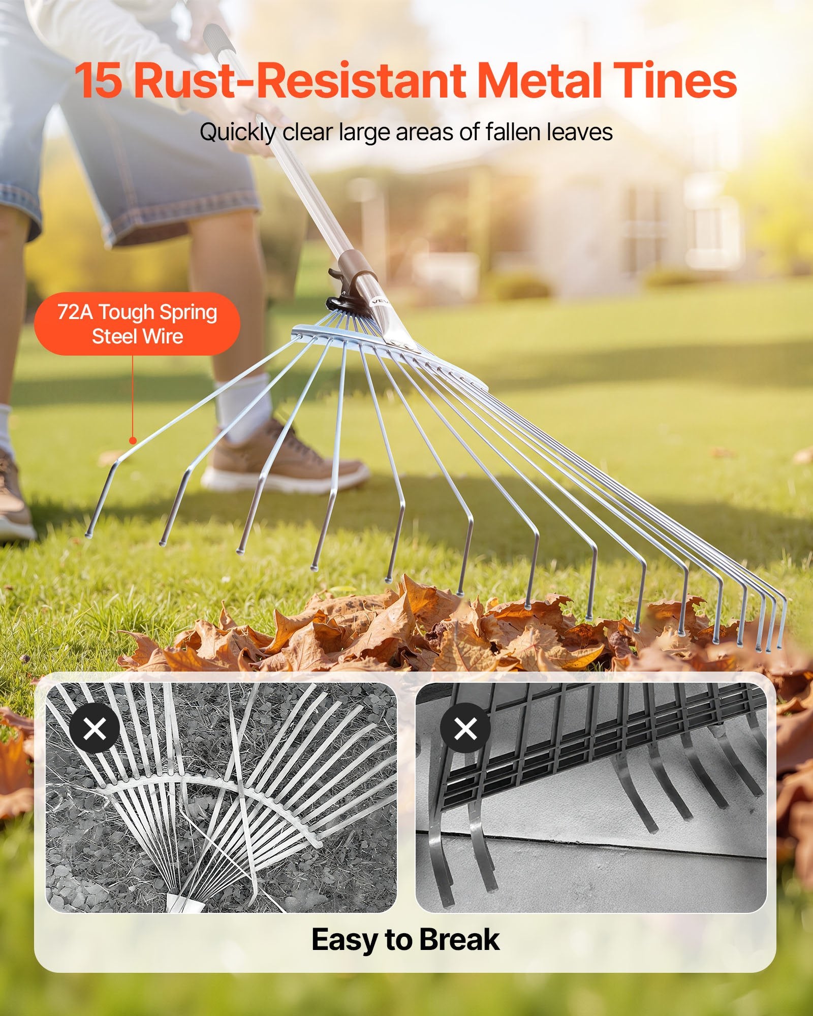 Gardening Accessories: VEVOR Leaf Rake, 15 Metal Tines, Adjustable Garden Rake for Lawns with 19-57 cm Wide Head and 81.3-160 cm Long Handle, Heavy Duty Stainless Steel Small Leaves Tool for Gardening Camping Yard Grass