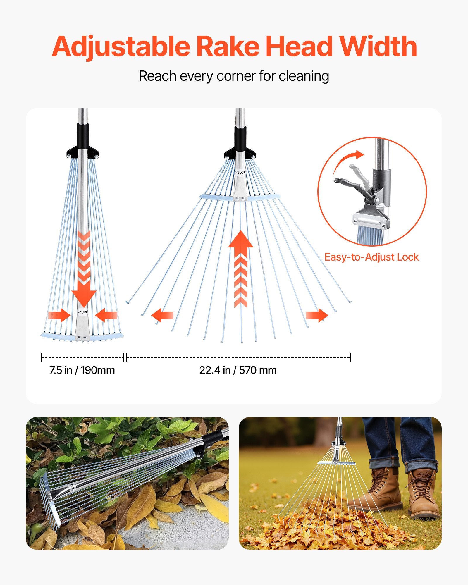 Gardening Accessories: VEVOR Leaf Rake, 15 Metal Tines, Adjustable Garden Rake for Lawns with 19-57 cm Wide Head and 81.3-160 cm Long Handle, Heavy Duty Stainless Steel Small Leaves Tool for Gardening Camping Yard Grass