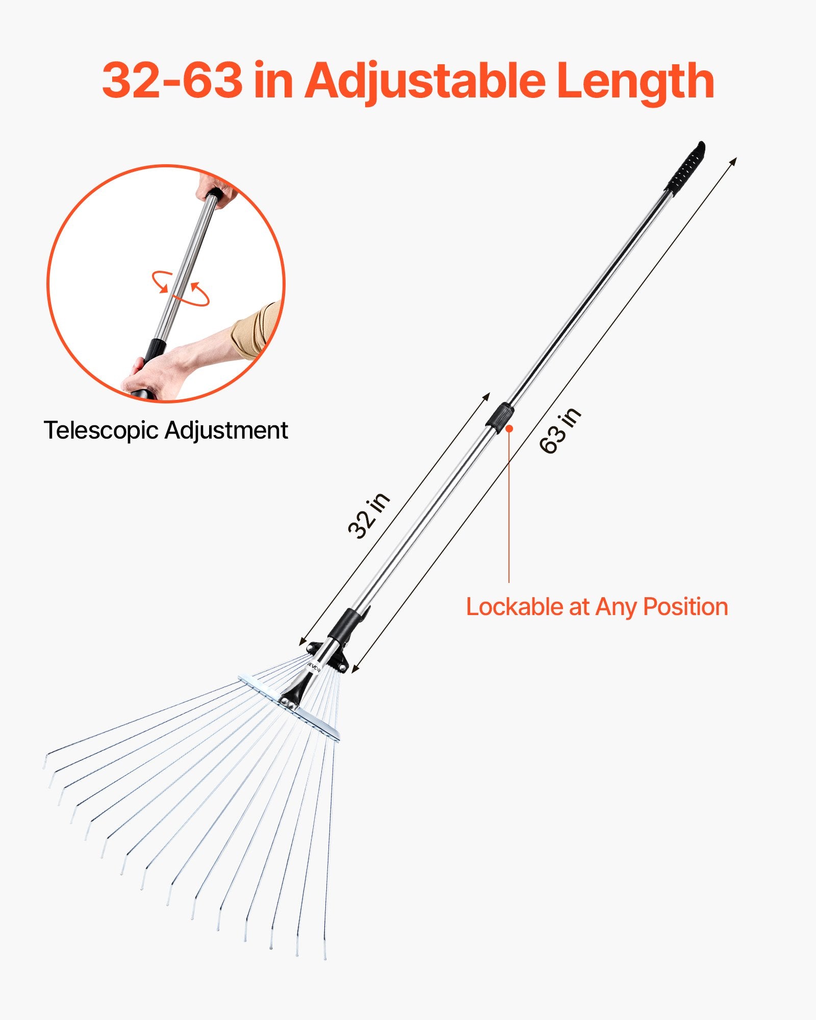 Gardening Accessories: VEVOR Leaf Rake, 15 Metal Tines, Adjustable Garden Rake for Lawns with 19-57 cm Wide Head and 81.3-160 cm Long Handle, Heavy Duty Stainless Steel Small Leaves Tool for Gardening Camping Yard Grass