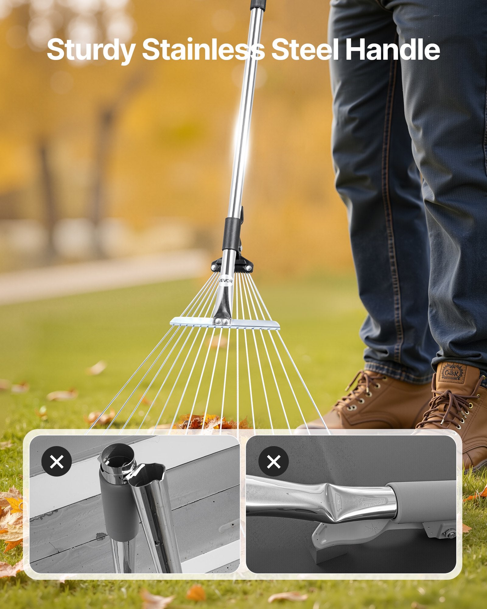 Gardening Accessories: VEVOR Leaf Rake, 15 Metal Tines, Adjustable Garden Rake for Lawns with 19-57 cm Wide Head and 81.3-160 cm Long Handle, Heavy Duty Stainless Steel Small Leaves Tool for Gardening Camping Yard Grass