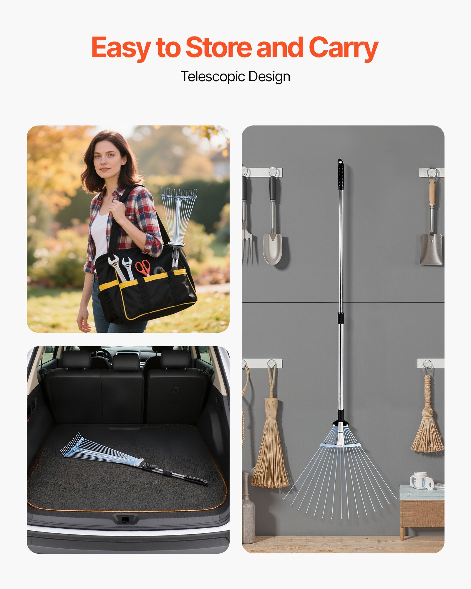 Gardening Accessories: VEVOR Leaf Rake, 15 Metal Tines, Adjustable Garden Rake for Lawns with 19-57 cm Wide Head and 81.3-160 cm Long Handle, Heavy Duty Stainless Steel Small Leaves Tool for Gardening Camping Yard Grass