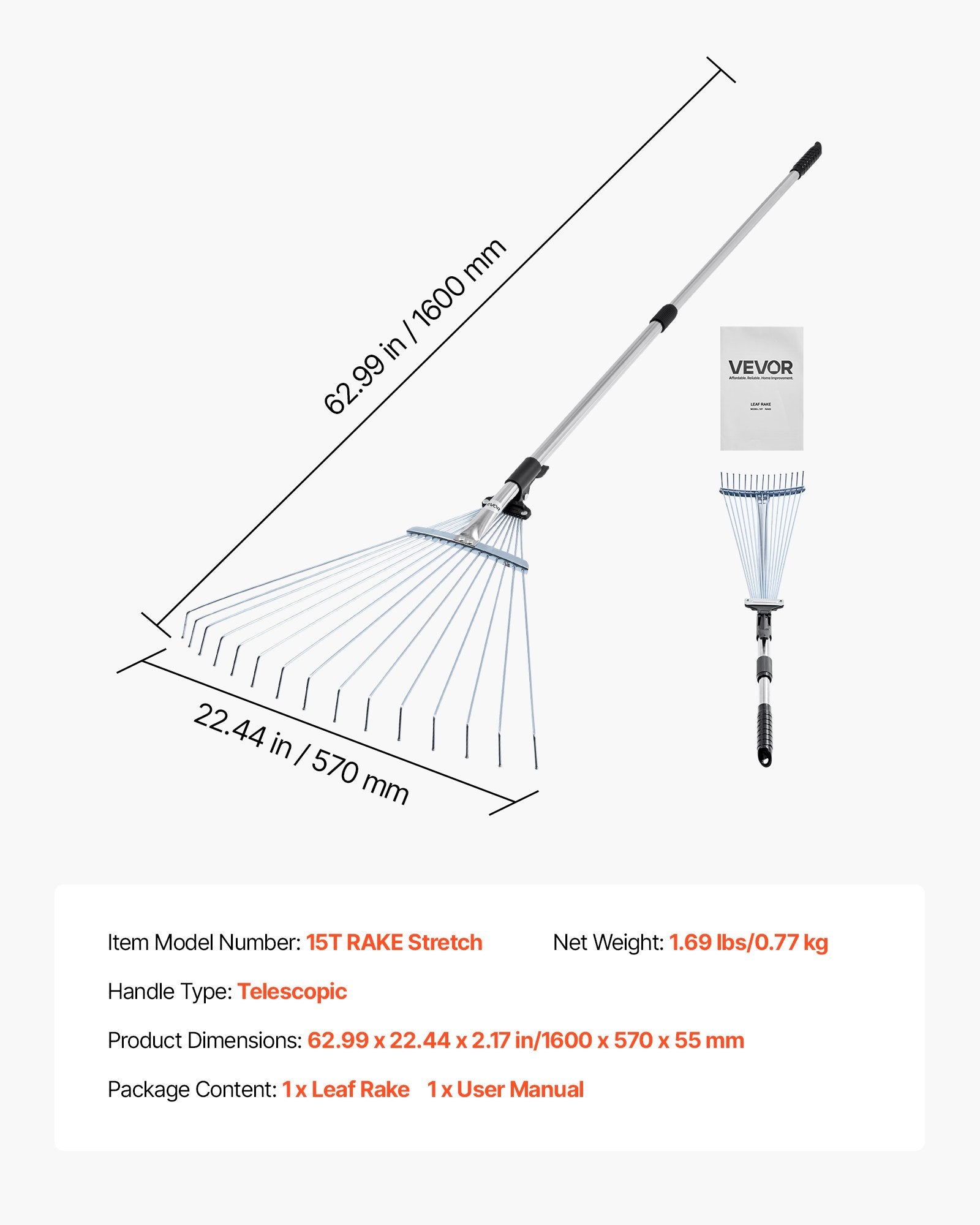 Gardening Accessories: VEVOR Leaf Rake, 15 Metal Tines, Adjustable Garden Rake for Lawns with 19-57 cm Wide Head and 81.3-160 cm Long Handle, Heavy Duty Stainless Steel Small Leaves Tool for Gardening Camping Yard Grass