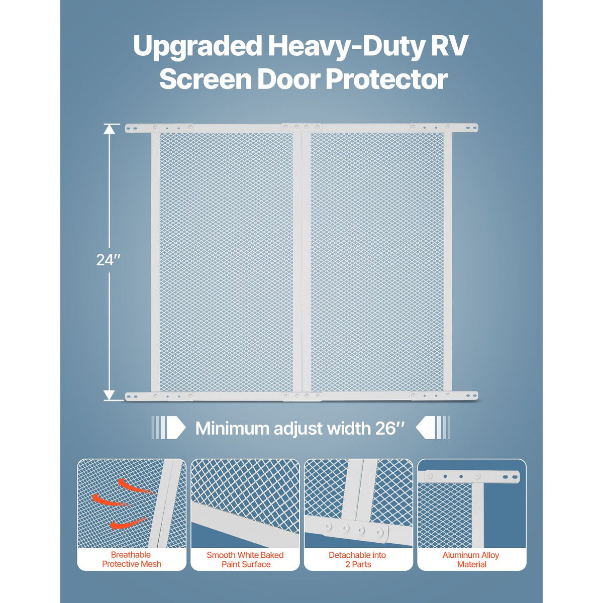 RV Screen Door Protector, 660.4 x 609.6 mm Door Grille, Easy to Install and Disassemble, Reinforced Breathable Protective Mesh, Aluminum Alloy Camper RV Entry Protector for Pet Protection, White