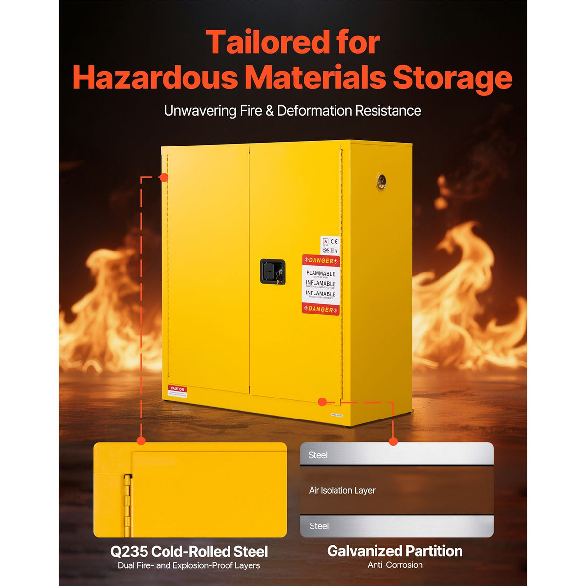 Flammable Cabinet, 109.2 x 46 x 118 cm, 29 Gallon Flammable Storage Cabinet with Adjustable Shelf, Cold-Rolled and Galvanized Steel Fire Cabinets, for Commercial Industrial and Home Use, Yellow