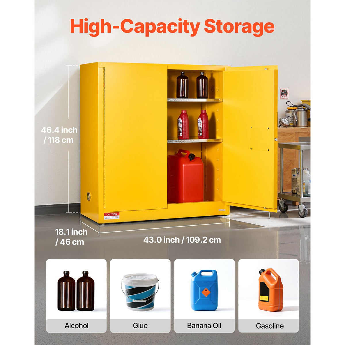Flammable Cabinet, 109.2 x 46 x 118 cm, 29 Gallon Flammable Storage Cabinet with Adjustable Shelf, Cold-Rolled and Galvanized Steel Fire Cabinets, for Commercial Industrial and Home Use, Yellow