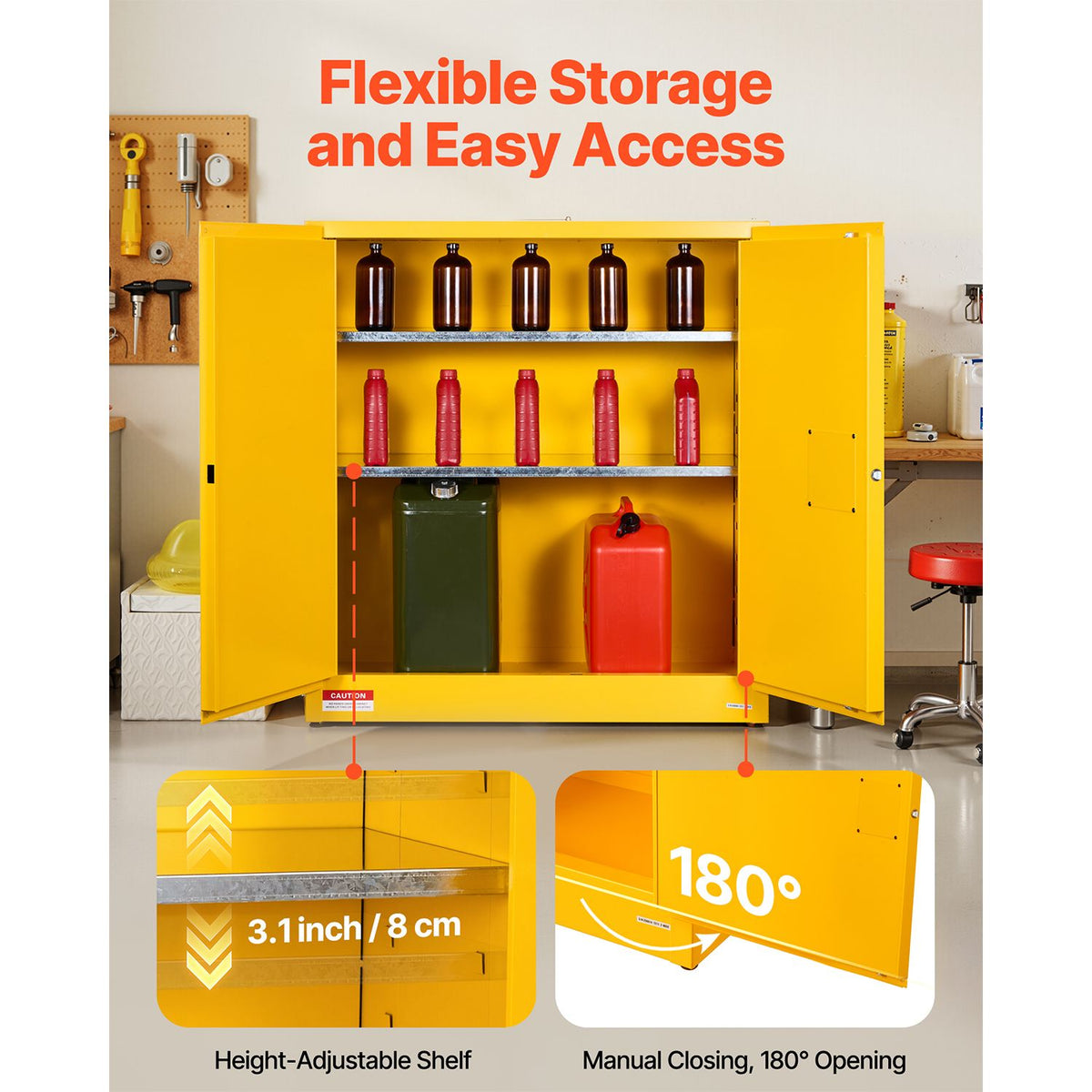 Flammable Cabinet, 109.2 x 46 x 118 cm, 29 Gallon Flammable Storage Cabinet with Adjustable Shelf, Cold-Rolled and Galvanized Steel Fire Cabinets, for Commercial Industrial and Home Use, Yellow