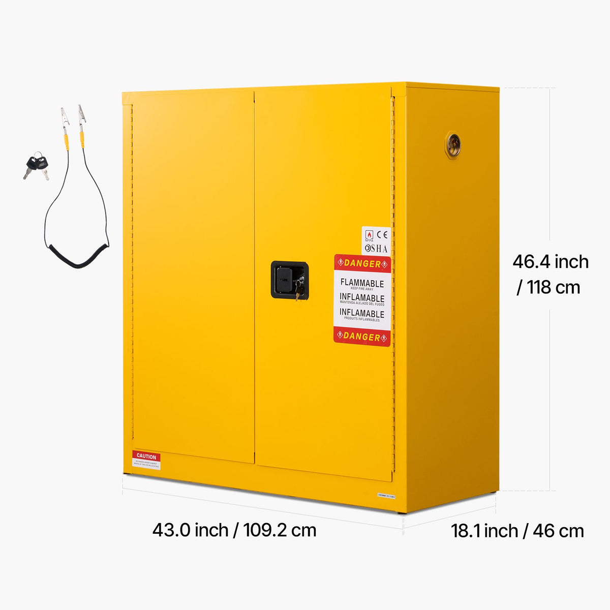Flammable Cabinet, 109.2 x 46 x 118 cm, 29 Gallon Flammable Storage Cabinet with Adjustable Shelf, Cold-Rolled and Galvanized Steel Fire Cabinets, for Commercial Industrial and Home Use, Yellow