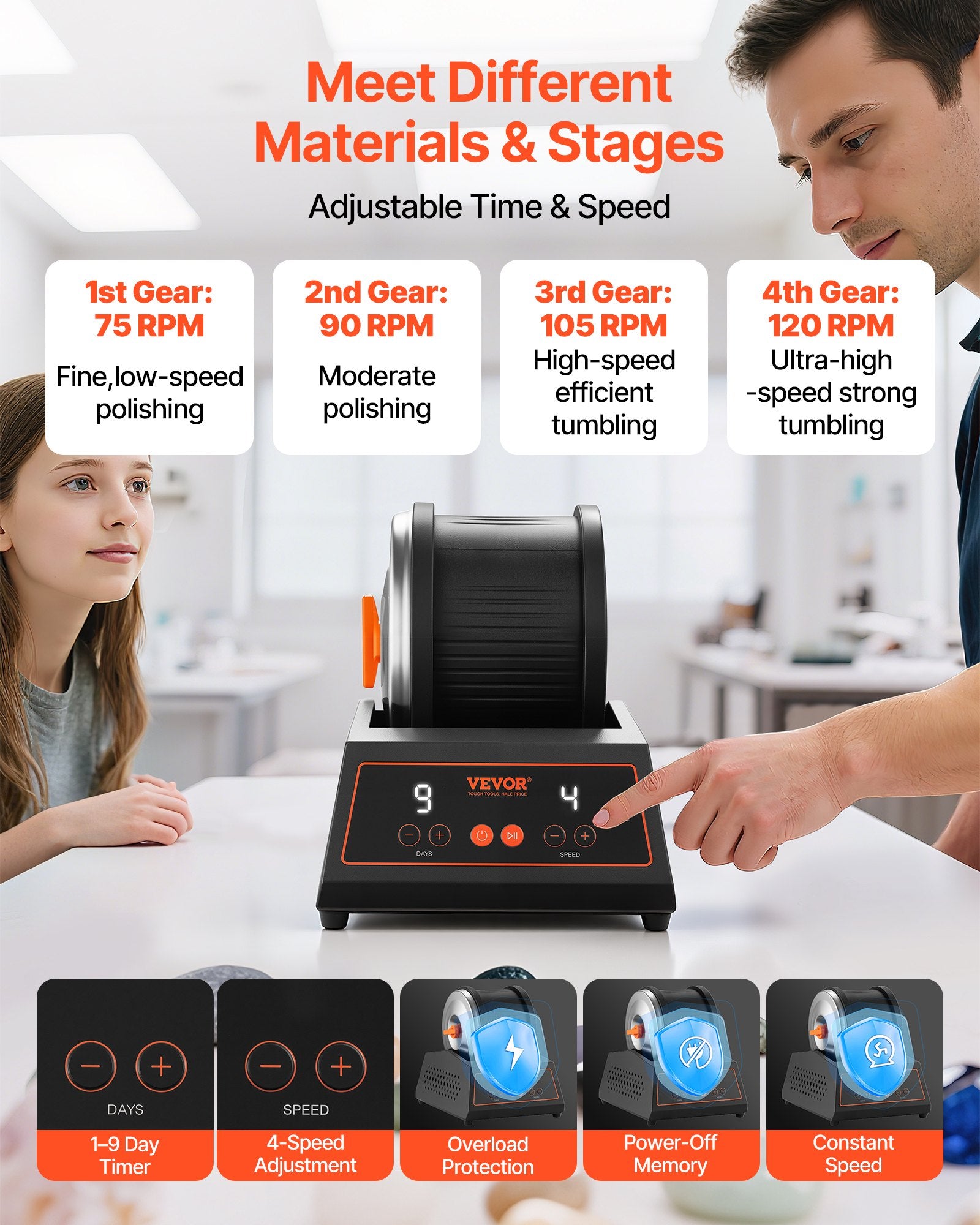 Coffee Tables: VEVOR Rock Tumbler Kit, 4lbs Rock Polishing Kit, 4 Speed Settings 9-Day Polishing Timer Stone Polishing Kit, Belt-Free Rock Polisher with Adapter & Overload Protection, Rock Polisher for Adults Kids
