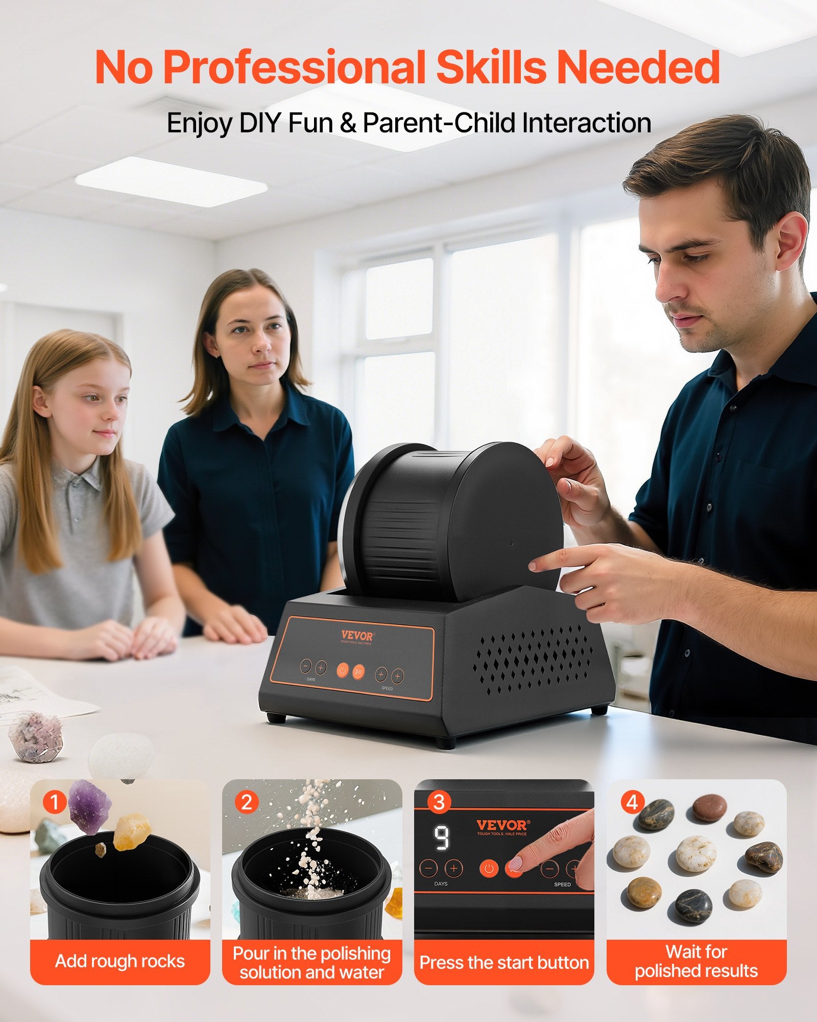 Coffee Tables: VEVOR Rock Tumbler Kit, 4lbs Rock Polishing Kit, 4 Speed Settings 9-Day Polishing Timer Stone Polishing Kit, Belt-Free Rock Polisher with Adapter & Overload Protection, Rock Polisher for Adults Kids