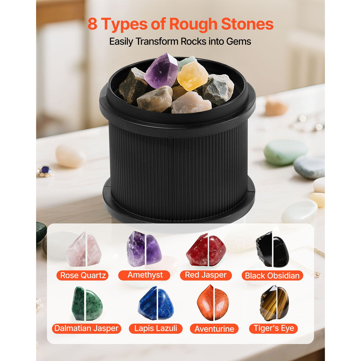 Rock Tumbler, 0.45kg Rock Polishing Machine, Rocks Tumbling Kit with 4-Speed Adjustment, 1–9 Day Timer, Direct Drive Motor Rocks Polishing Kit for Rose Quartz, Amethyst, Red Jasper, Lapis Lazuli
