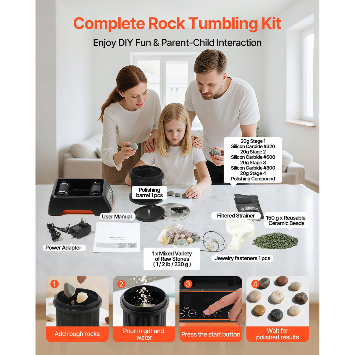 Rock Tumbler, 0.45kg Rock Polishing Machine, Rocks Tumbling Kit with 4-Speed Adjustment, 1–9 Day Timer, Direct Drive Motor Rocks Polishing Kit for Rose Quartz, Amethyst, Red Jasper, Lapis Lazuli