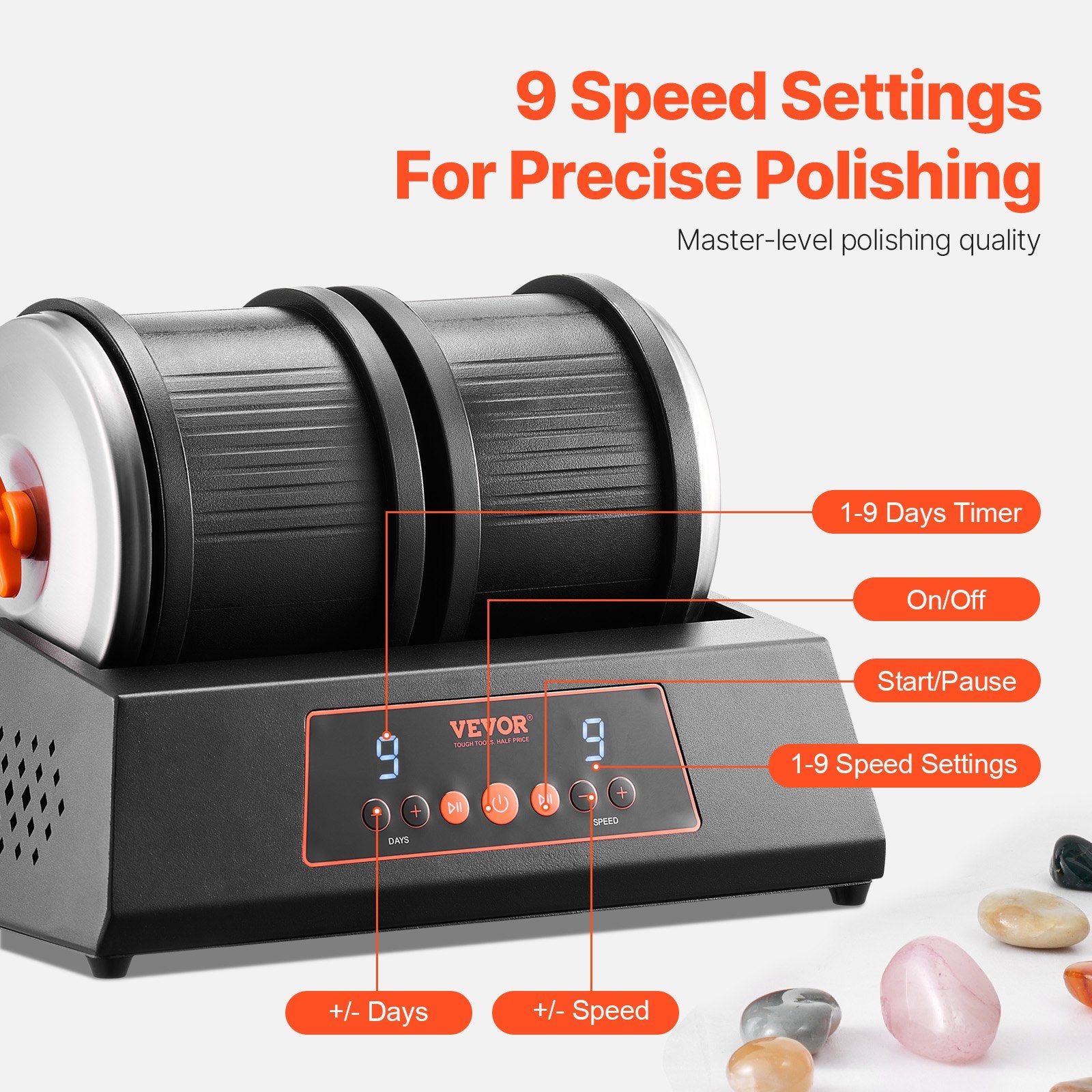 Hand Tools: Rock Tumbler Machine 8 lbs Rock Polishing Kit 9 Speed 9-Day Timer Dual Barrels
