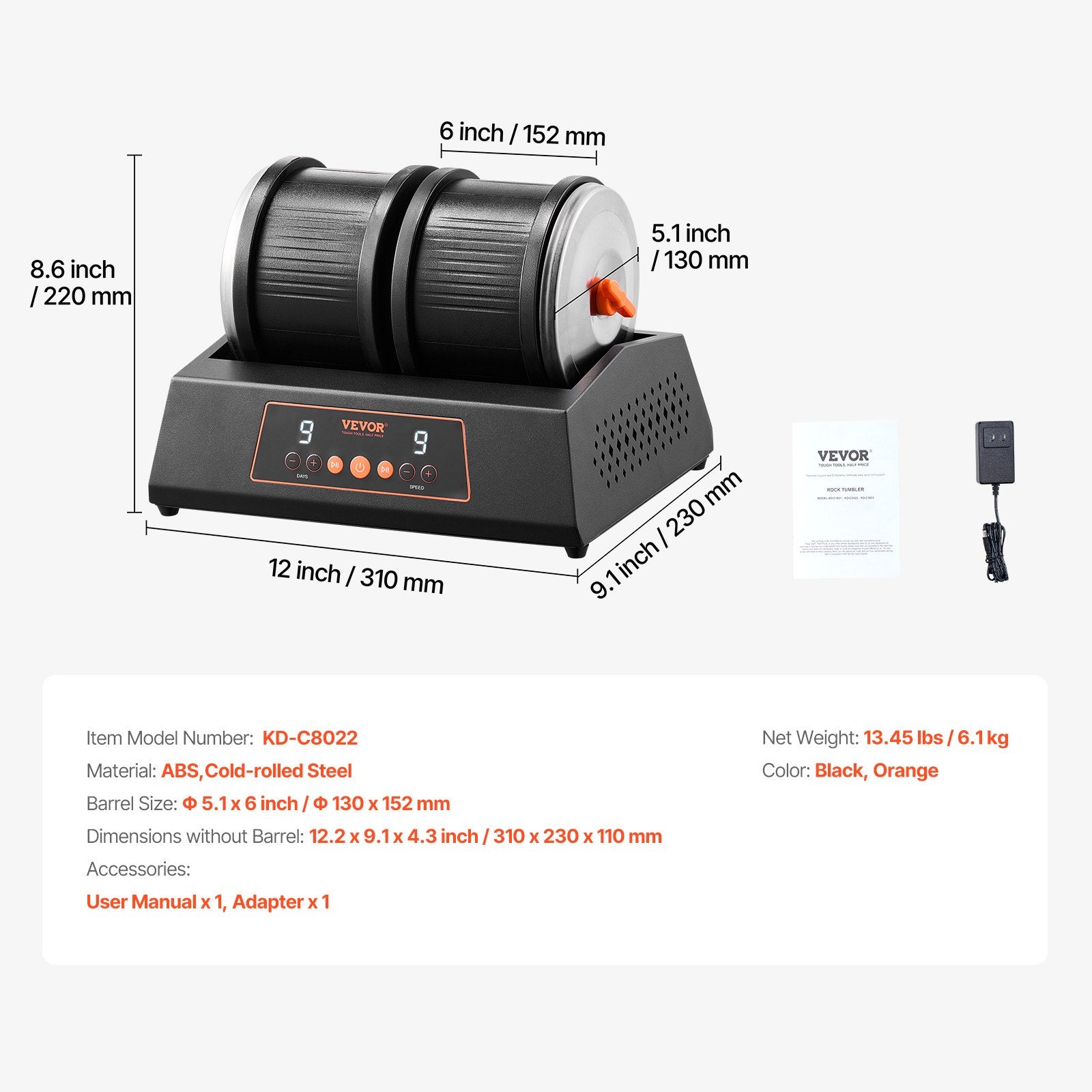 Hand Tools: Rock Tumbler Machine 8 lbs Rock Polishing Kit 9 Speed 9-Day Timer Dual Barrels