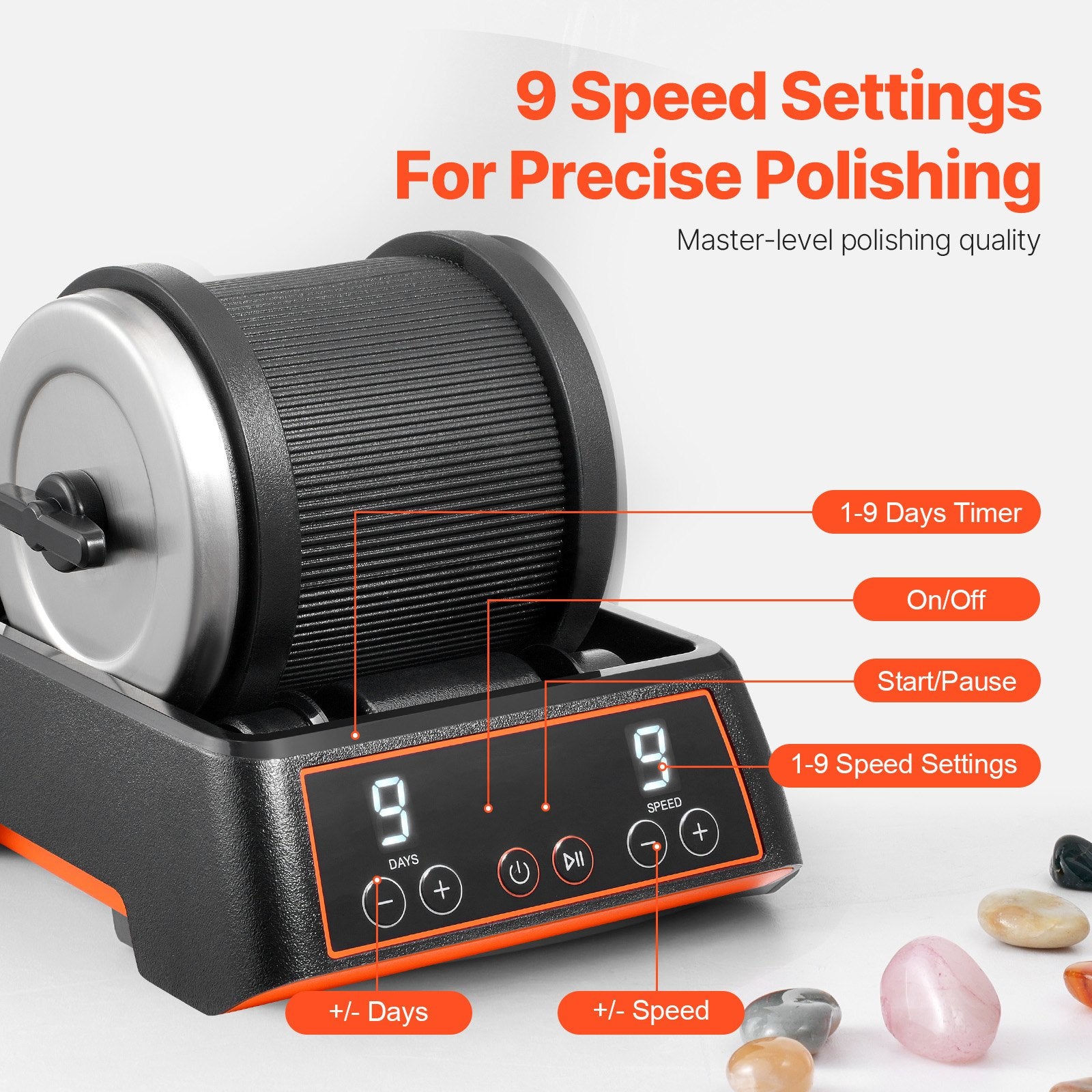 Nail Care: VEVOR Rock Tumbler Kit, 2.5 lbs Rock Polishing Kit, 9 Speed Settings 9-Day Polishing Timer Stone Polishing Kit, Rock Polisher with Rough Gemstones and Polishing Grits, Rock Polisher for Kids Adults