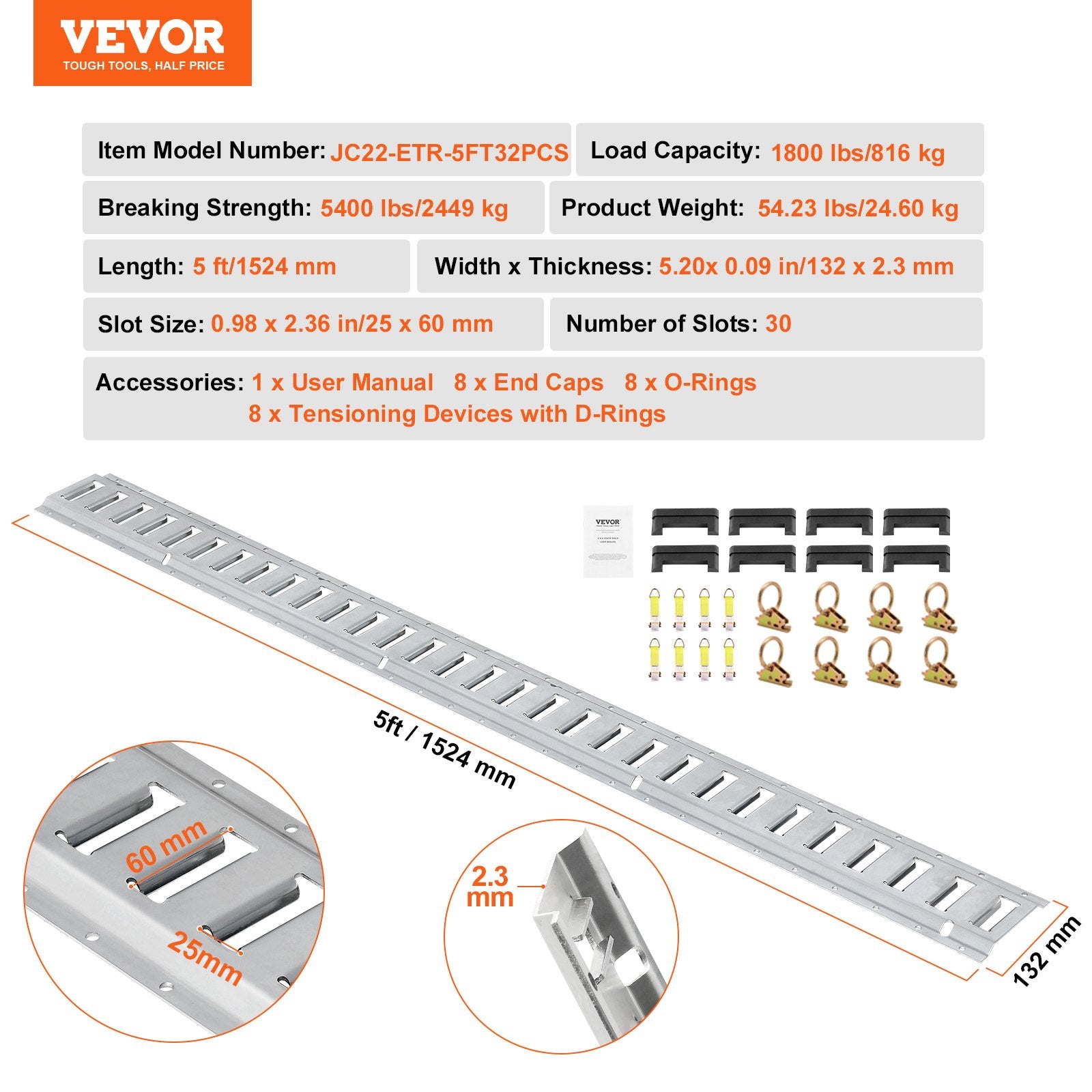 Cross Bar: VEVOR E Track Tie-Down Rail Kit, 24PCS 1524 mm E-Tracks Set Includes 8 Steel Rails & 8 O-Rings & 8 Tie-Offs with D-Ring, Versatile Trailer Securing Accessories for Cargo Motorcycles Bikes, 816 kg Load
