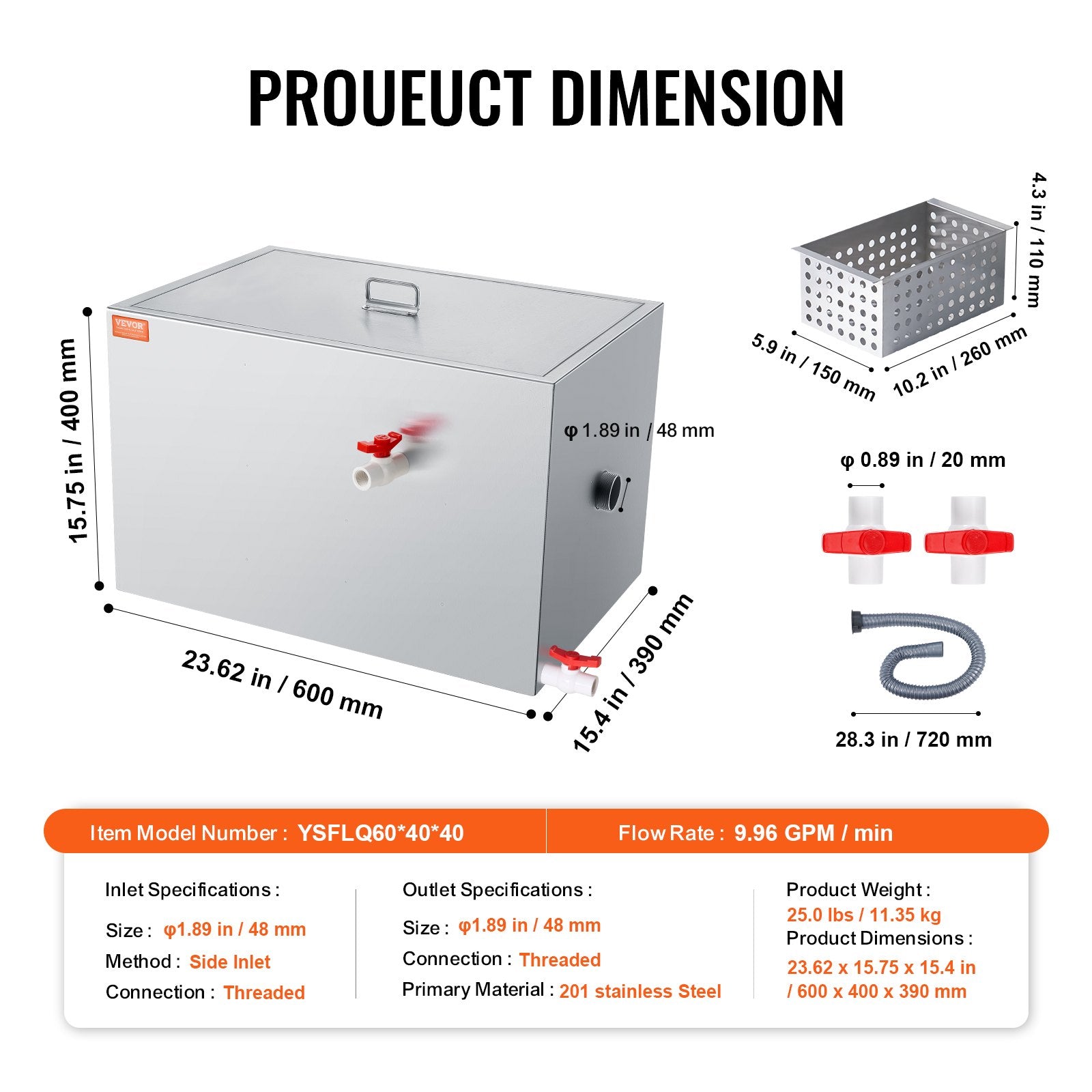 Farm Equipment: VEVOR Commercial Grease Trap, 40 LBS Grease Interceptor, Side Inlet Interceptor, Under Sink Stainless Steel Grease Trap, 10 GPM Waste Water Oil-water Separator, for Restaurant Canteen Home Kitchen