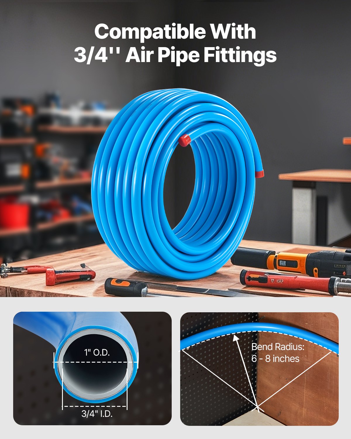 Air Compressors: VEVOR Air Compressor Line Kit, 100FT x 3/4", HDPE-Aluminum Compressed Air Piping System, Leak-Proof, Pressure-Resistant & Easy-to-Install, Compressed Air Line Tubing Kit for Garages Workshops, Blue