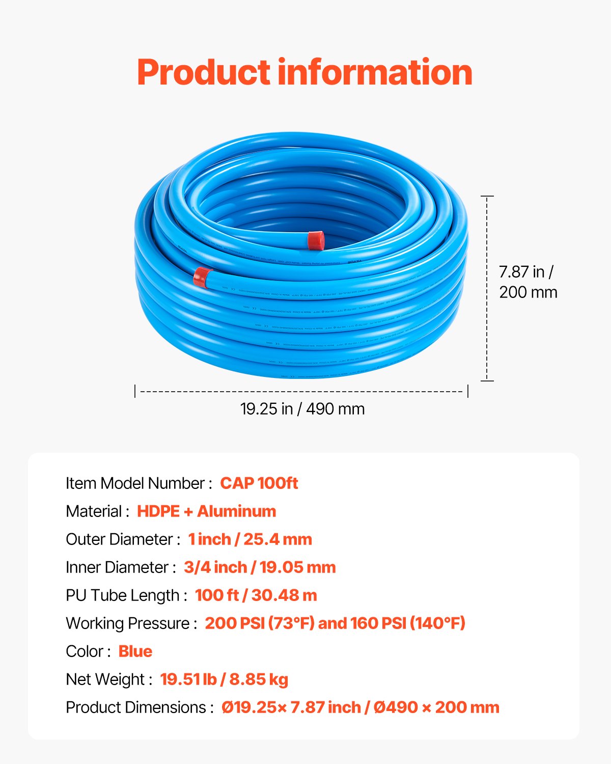 Air Compressors: VEVOR Air Compressor Line Kit, 100FT x 3/4", HDPE-Aluminum Compressed Air Piping System, Leak-Proof, Pressure-Resistant & Easy-to-Install, Compressed Air Line Tubing Kit for Garages Workshops, Blue