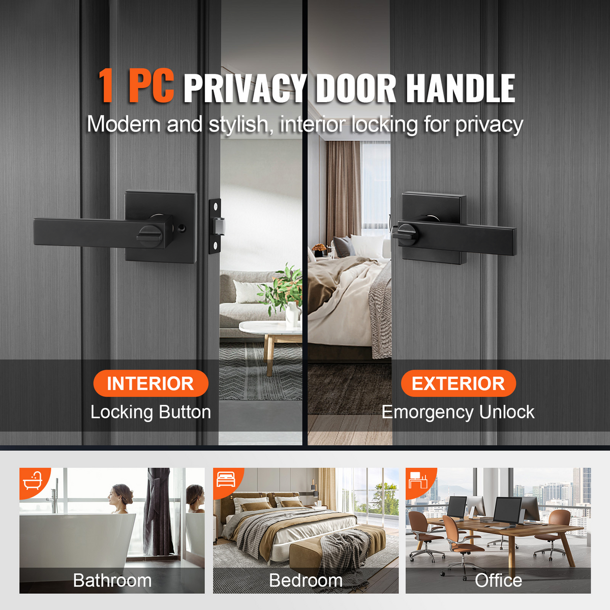 Privacy Door Handle, 10 Pack Matte Black Door Lever, Left or Right Handing Reversible Lever with Keyless Lock, 45° Rotation to Open, Universal Square Interior for Bedroom and Bathroom Doors