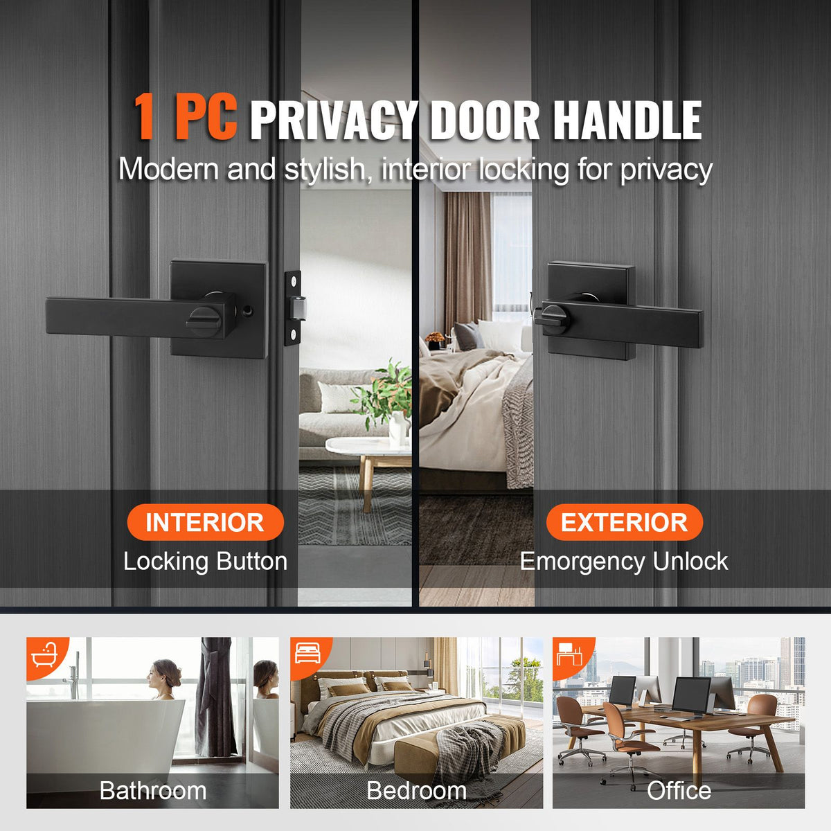 Privacy Door Handle, 1 Pack Matte Black Door Lever, Left or Right Handing Reversible Lever with Keyless Lock, 45° Rotation to Open, Universal Square Interior for Bedroom and Bathroom Doors