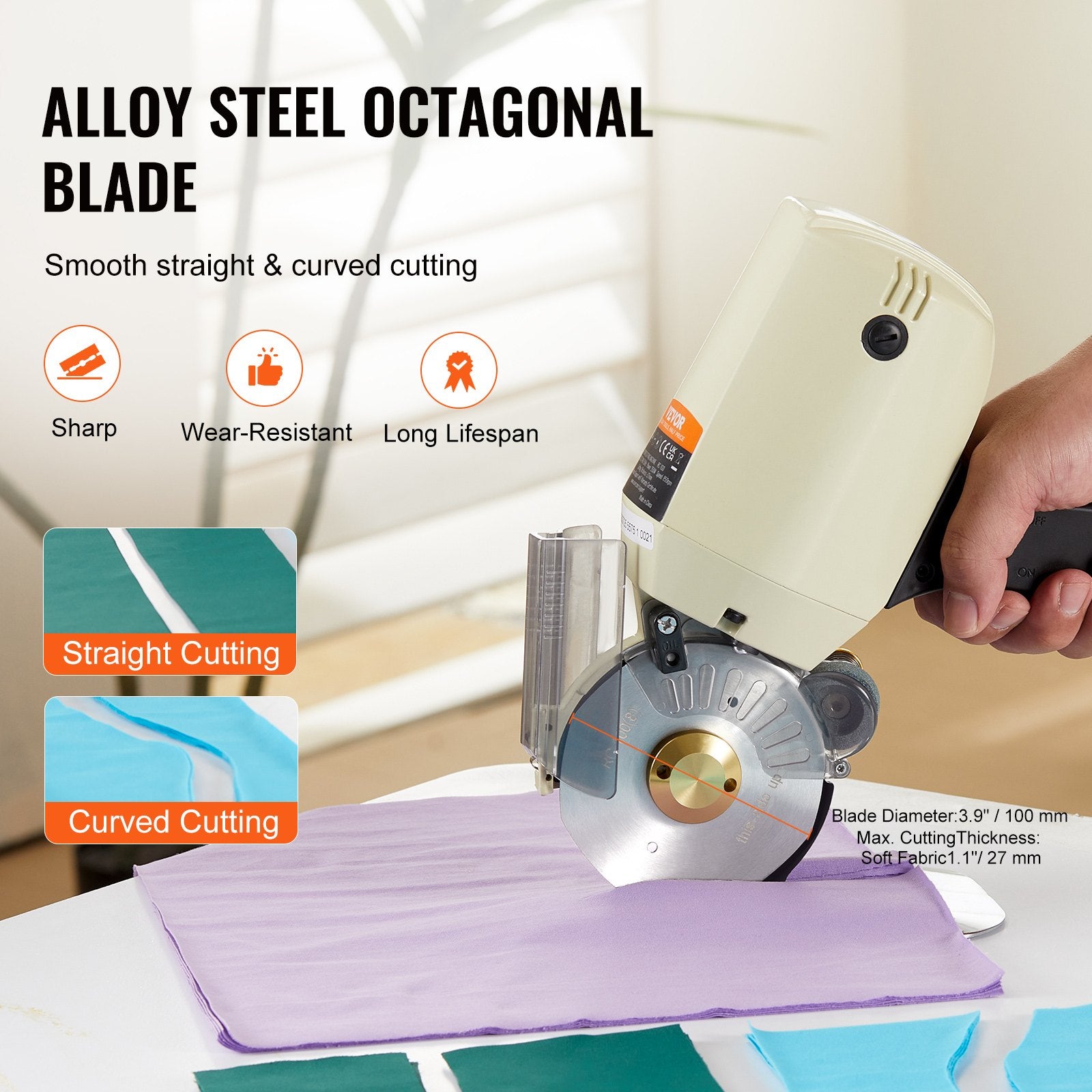 Chainsaws: VEVOR Fabric Cutter, 250W Electric Rotary Fabric Cutting Machine, 1.1" Cutting Thickness, Octagonal Knife, with Replacement Blade and Sharpening Stones, for Multi-Layer Cloth Fabric Leather