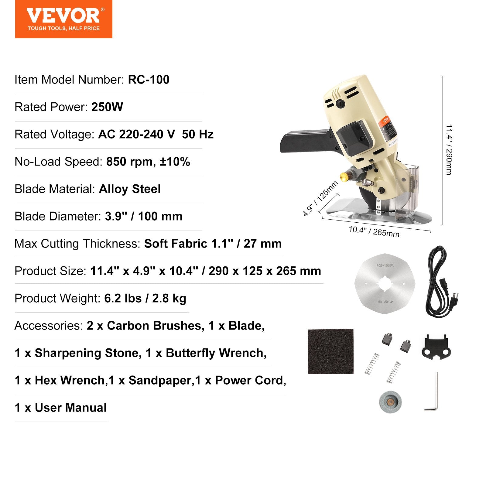 Chainsaws: VEVOR Fabric Cutter, 250W Electric Rotary Fabric Cutting Machine, 1.1" Cutting Thickness, Octagonal Knife, with Replacement Blade and Sharpening Stones, for Multi-Layer Cloth Fabric Leather
