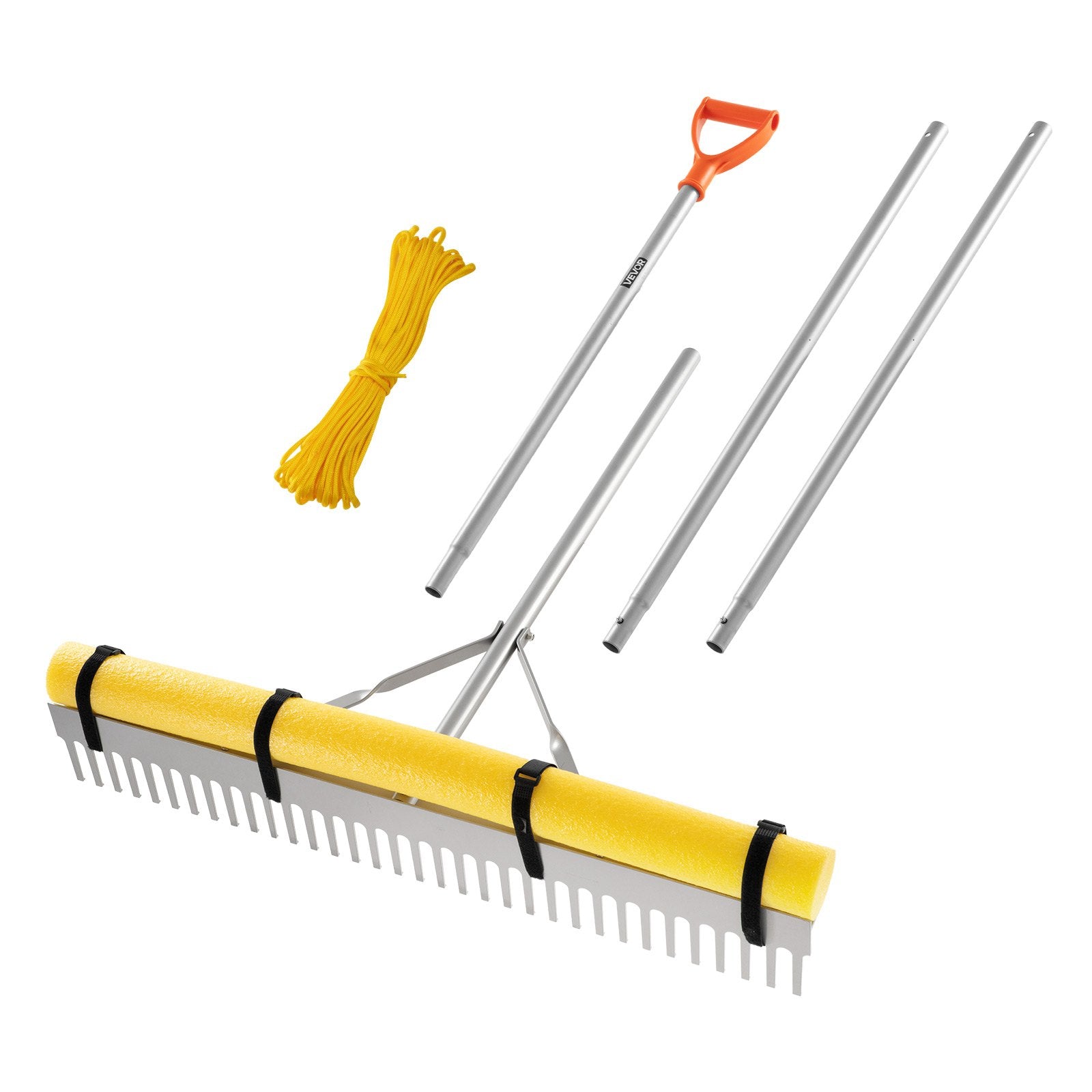 Landscape Rake, 914 mm Wide Head 2590 mm Handle, Large Heavy Duty Aluminum Landscaping Leaf Rake Tool, Asphalt Level for Loosening Soil, Garden & Yard, Pond Gravel & Beach Lawn Care, 15.8m Rope