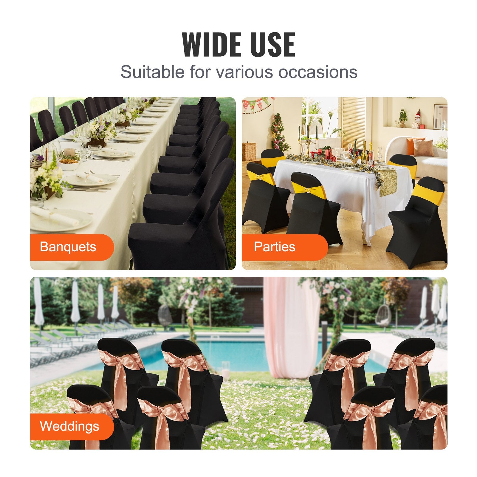 Stretch Spandex Folding Chair Covers, Universal Fitted Chair Cover, Removable Washable Protective Slipcovers, for Wedding, Holiday, Banquet, Party, Celebration, Dining (50PCS Black)