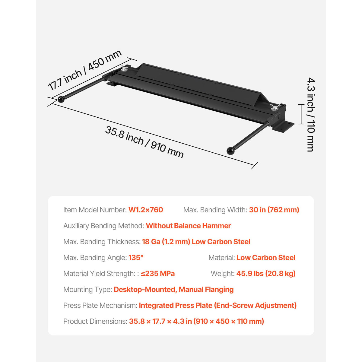 Box and Pan Brake, 762 mm Sheet Metal Bending Brake, 18-Gauge Capacity, 0-135 Degree Adjustable, Metal Bender Machine, No Wobbling, Heavy-Duty Aluminum Folder for Precise Batch Bending