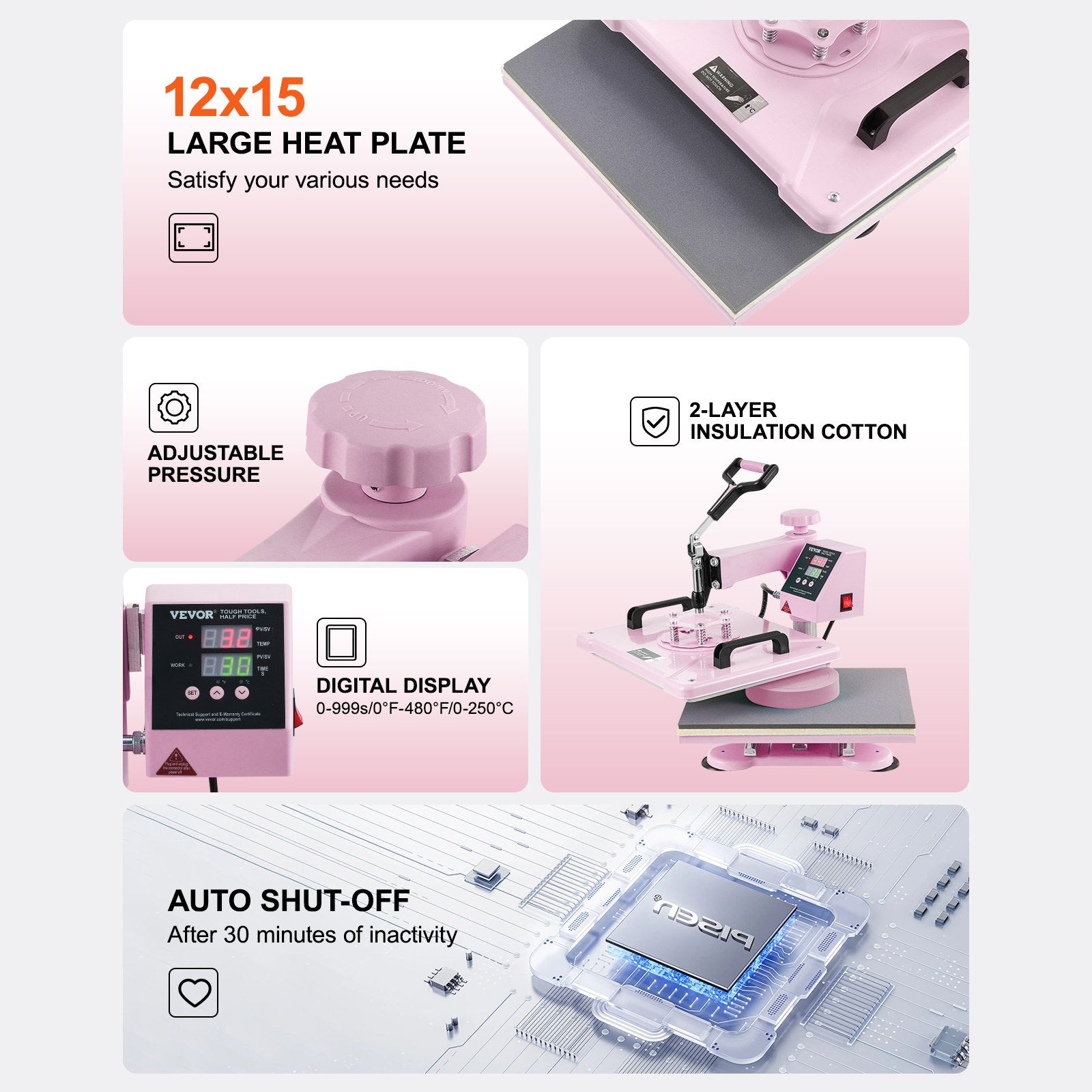 Heat Press Machine 12x15 in 5 in 1 with 30oz Tumbler Press T-Shirts Pink