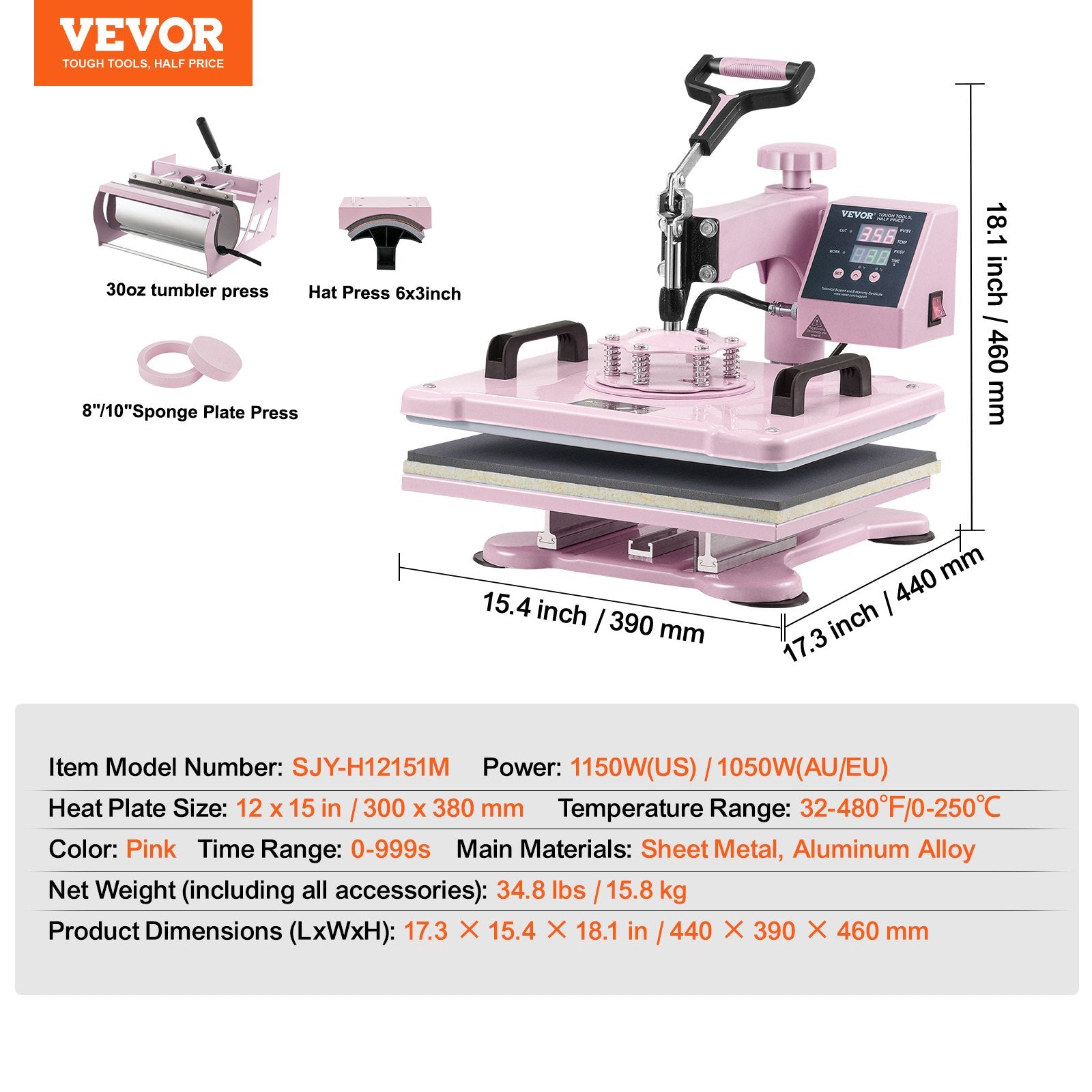 Heat Press Machine 12x15 in 5 in 1 with 30oz Tumbler Press T-Shirts Pink