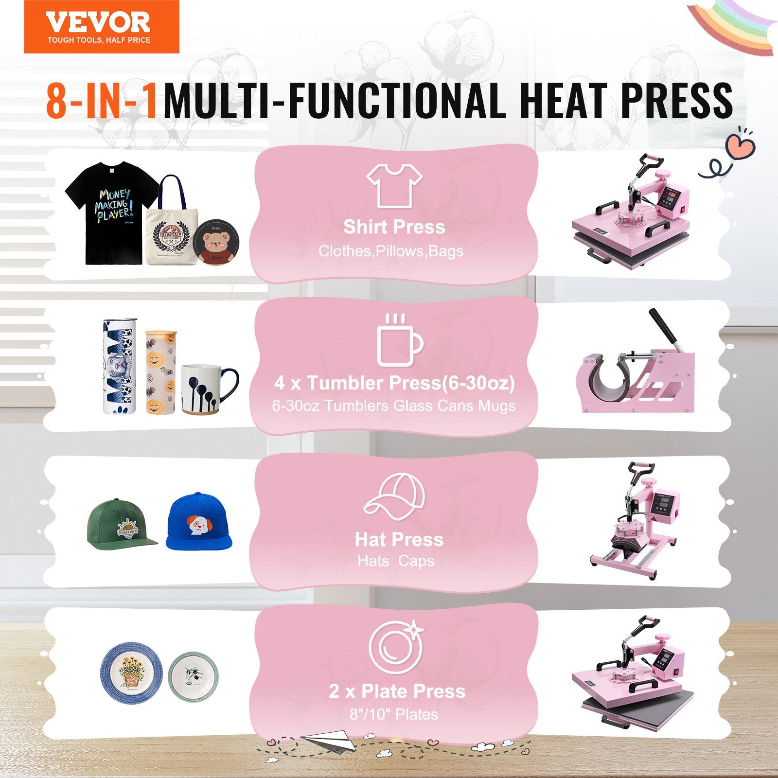 Food Warmers & Chafing Dishes: VEVOR Heat Press Machine, 15 x 15 inch, 5 in 1 Heat Transfer Machine with 30 oz Tumbler Press, 360° Swing Away T-Shirt Pressing, Digital Precise Control, for T-Shirts/Mugs/Hats/Plates, Pink