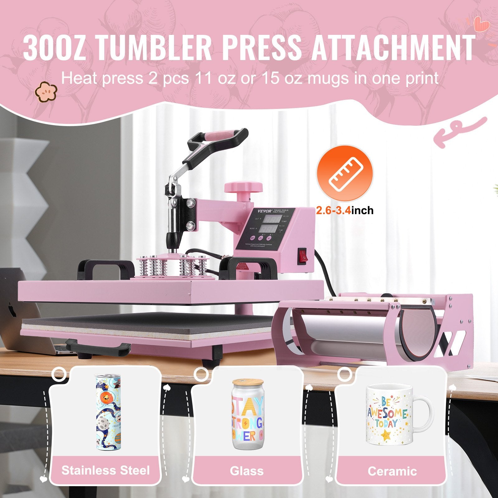 Food Warmers & Chafing Dishes: VEVOR Heat Press Machine, 15 x 15 inch, 5 in 1 Heat Transfer Machine with 30 oz Tumbler Press, 360° Swing Away T-Shirt Pressing, Digital Precise Control, for T-Shirts/Mugs/Hats/Plates, Pink