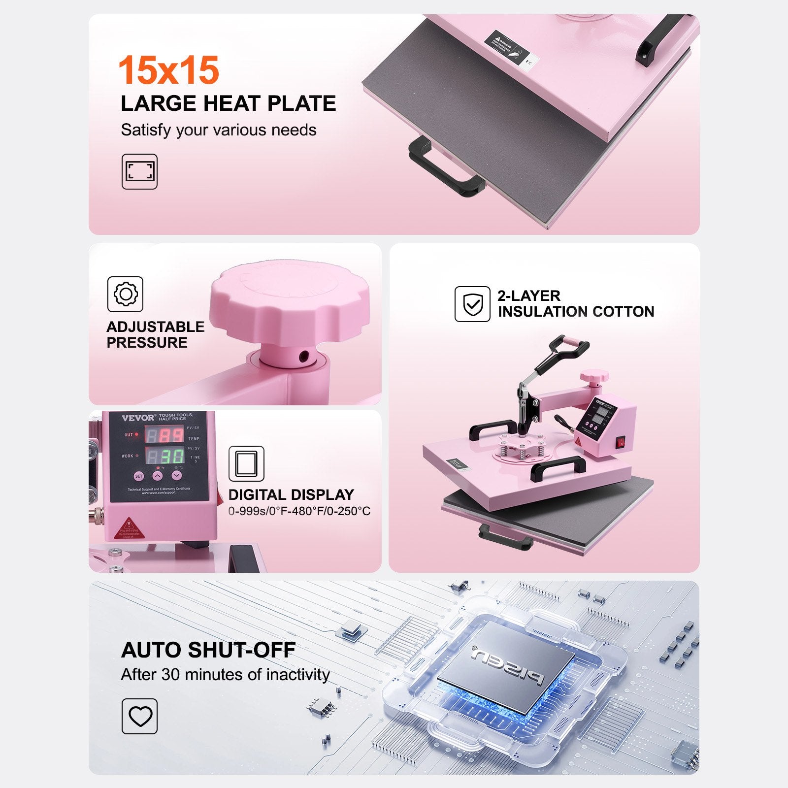 Food Warmers & Chafing Dishes: VEVOR Heat Press Machine, 15 x 15 inch, 5 in 1 Heat Transfer Machine with 30 oz Tumbler Press, 360° Swing Away T-Shirt Pressing, Digital Precise Control, for T-Shirts/Mugs/Hats/Plates, Pink