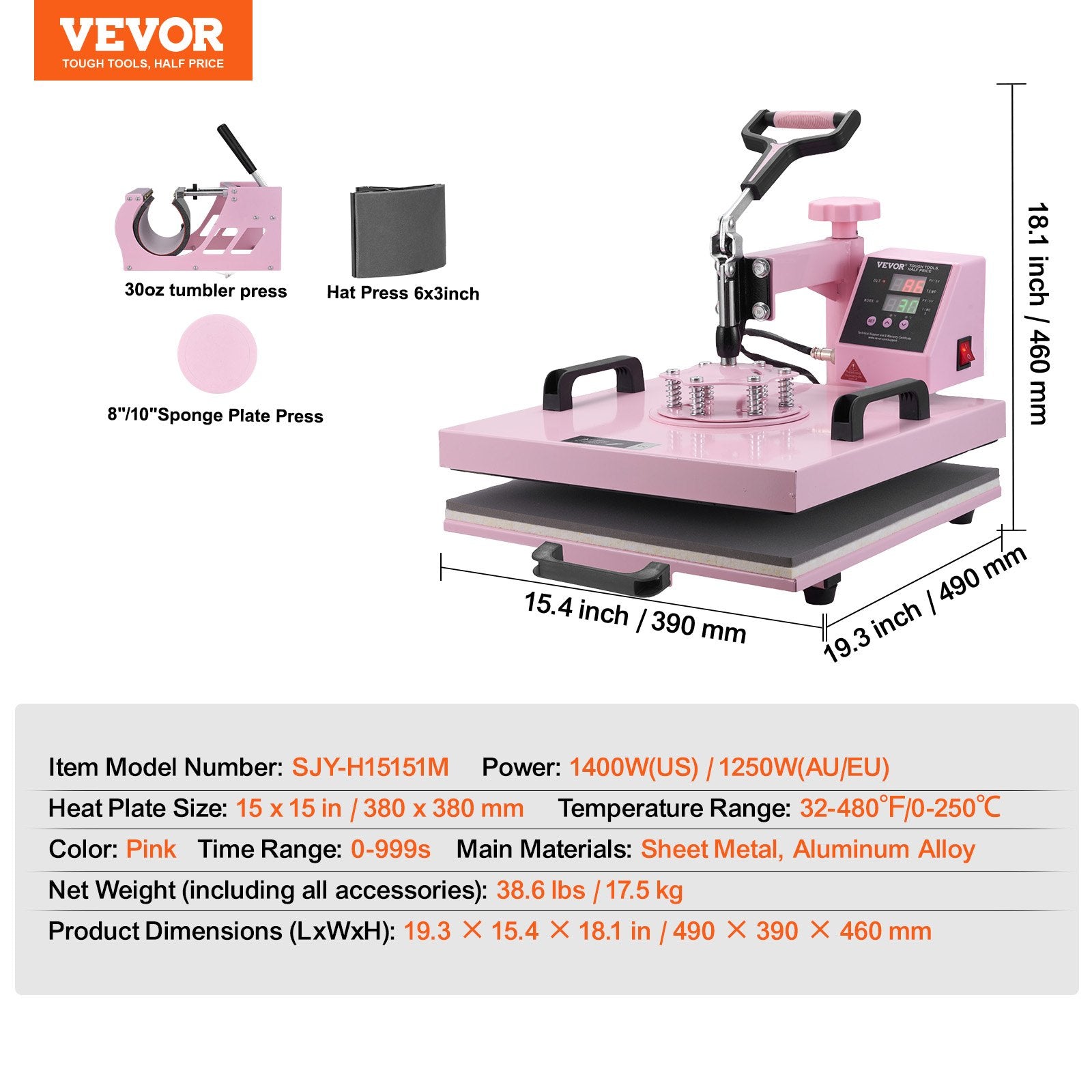 Food Warmers & Chafing Dishes: VEVOR Heat Press Machine, 15 x 15 inch, 5 in 1 Heat Transfer Machine with 30 oz Tumbler Press, 360° Swing Away T-Shirt Pressing, Digital Precise Control, for T-Shirts/Mugs/Hats/Plates, Pink