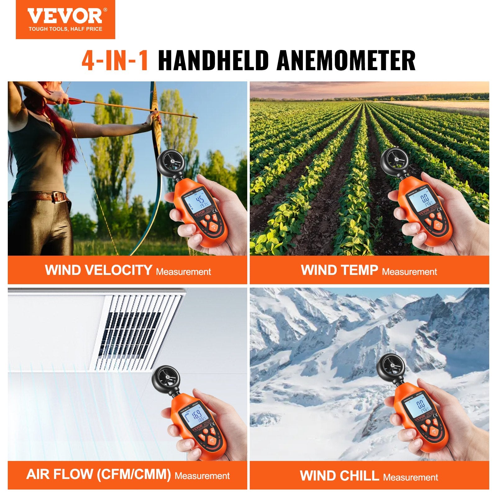 Monitoring & Testing: VEVOR Handheld Anemometer, -10℃ to 45℃, Digital Wind Speed Meter Gauge with LED Backlight Screen, Measures Wind Velocity Wind Temperature Air Flow Wind Chill, for Sailing Surfing Drone Flying HVAC
