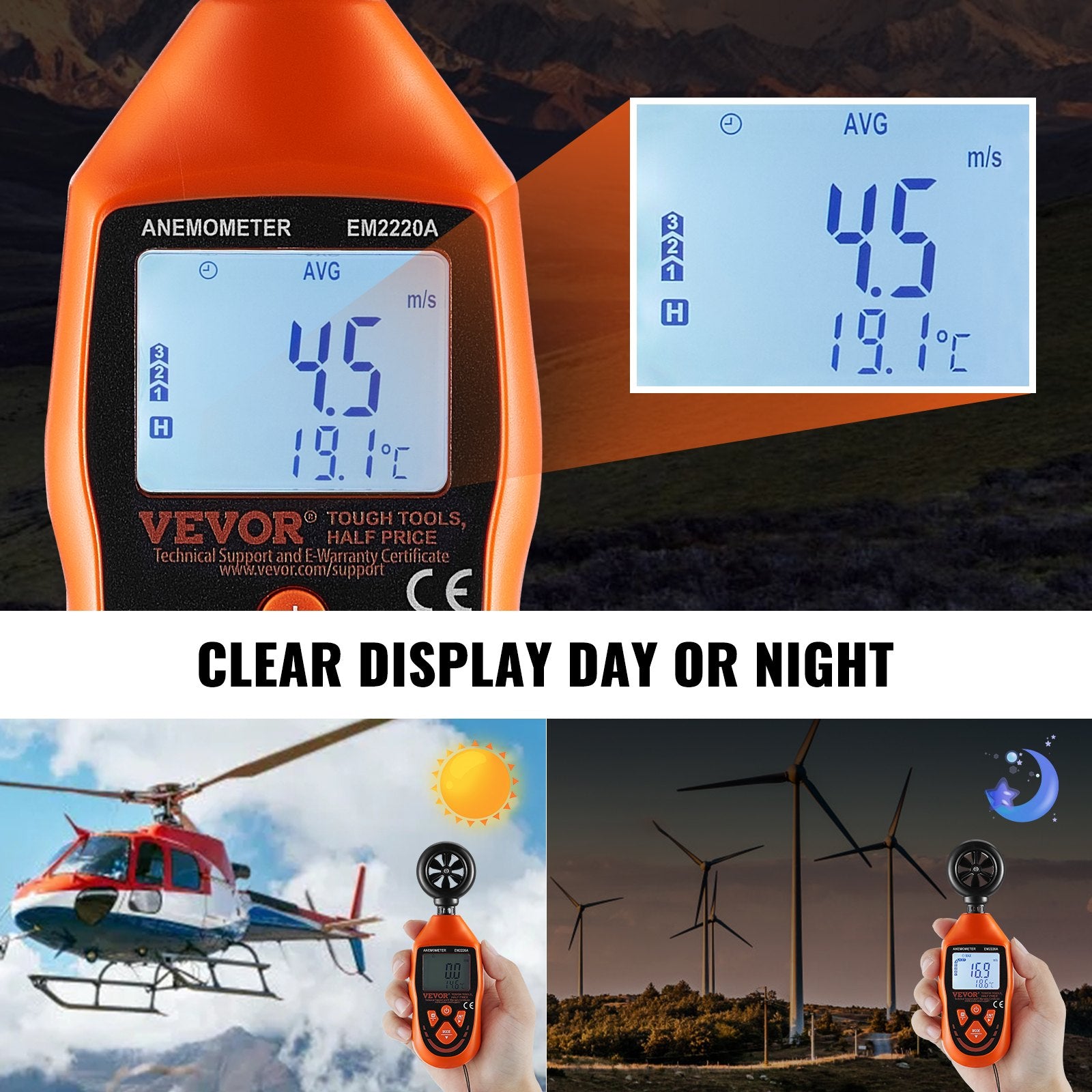 Monitoring & Testing: VEVOR Handheld Anemometer, -10℃ to 45℃, Digital Wind Speed Meter Gauge with LED Backlight Screen, Measures Wind Velocity Wind Temperature Air Flow Wind Chill, for Sailing Surfing Drone Flying HVAC