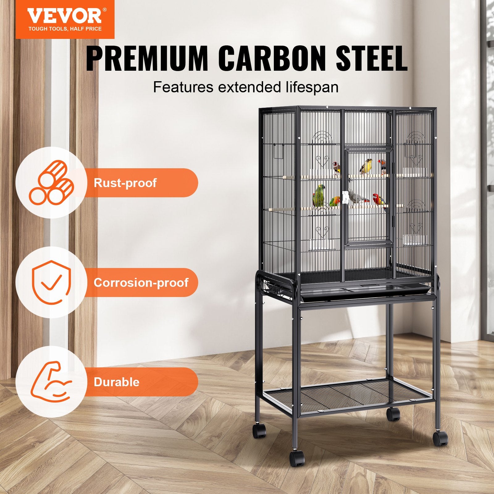 Bird Cages & Stands: VEVOR 54 inch Standing Large Bird Cage, Carbon Steel Flight Bird Cage for Parakeets, Cockatiels, Parrots, Macaw with Rolling Stand and Tray
