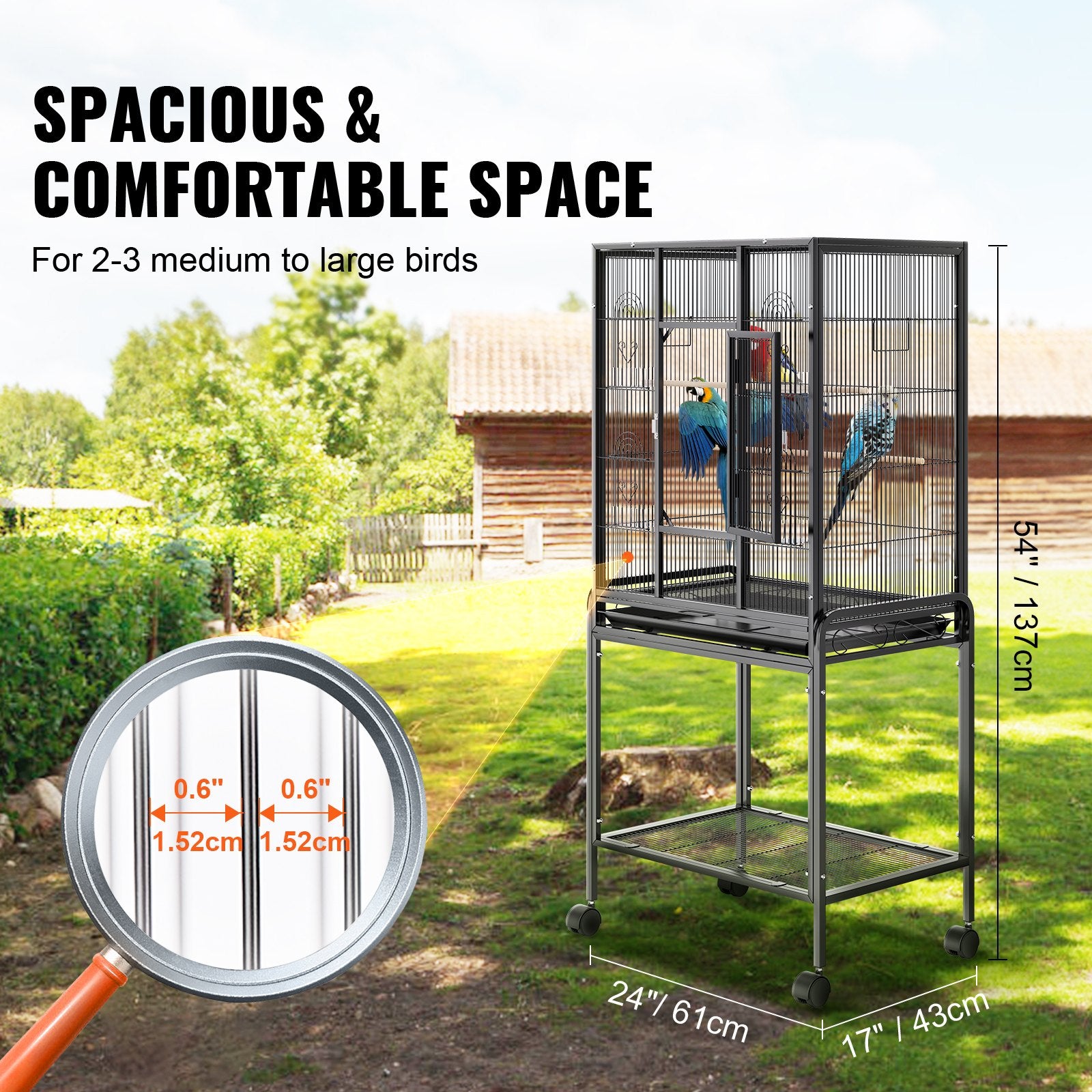 Bird Cages & Stands: VEVOR 54 inch Standing Large Bird Cage, Carbon Steel Flight Bird Cage for Parakeets, Cockatiels, Parrots, Macaw with Rolling Stand and Tray